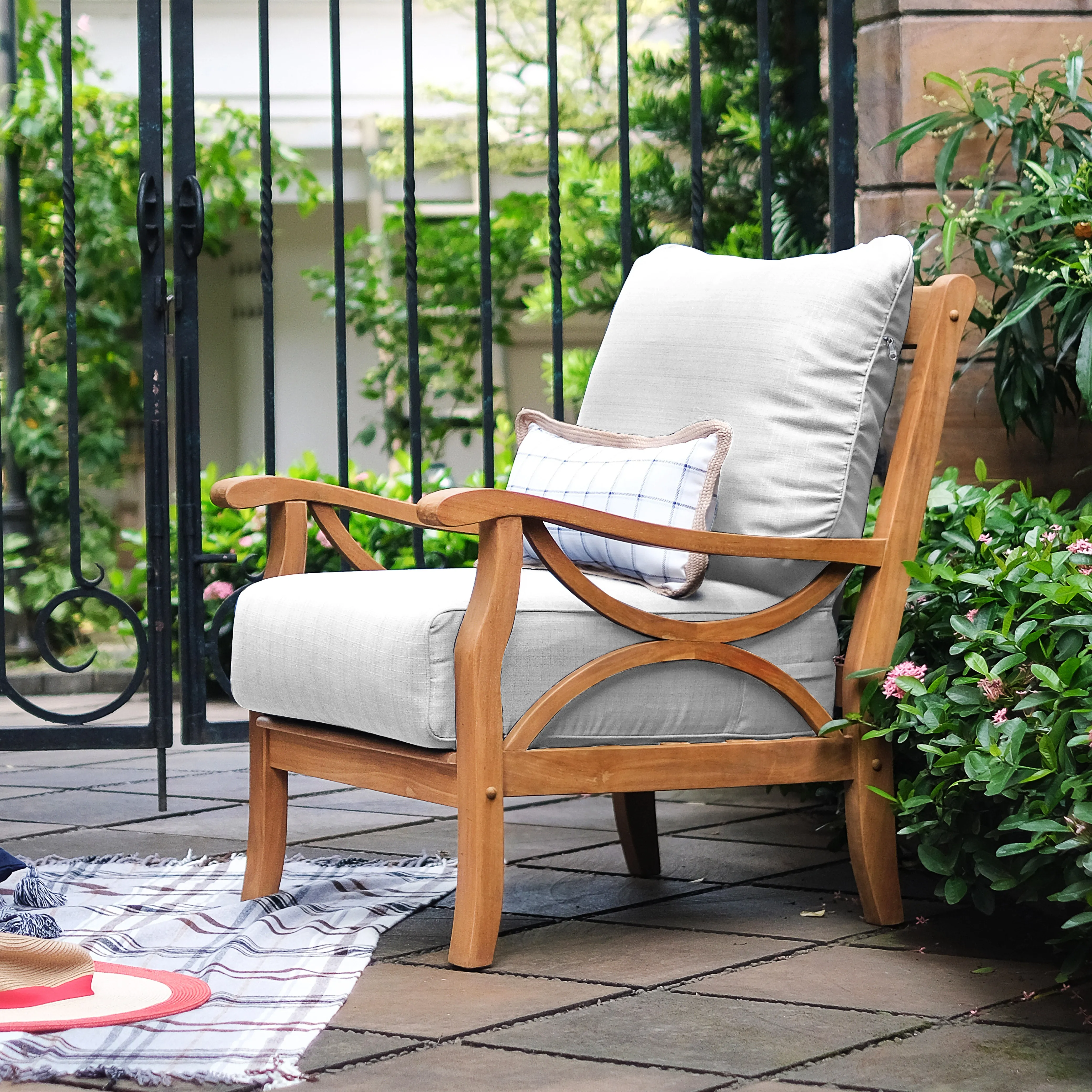 Abbington Teak Wood Outdoor Lounge Chair with Beige Cushion