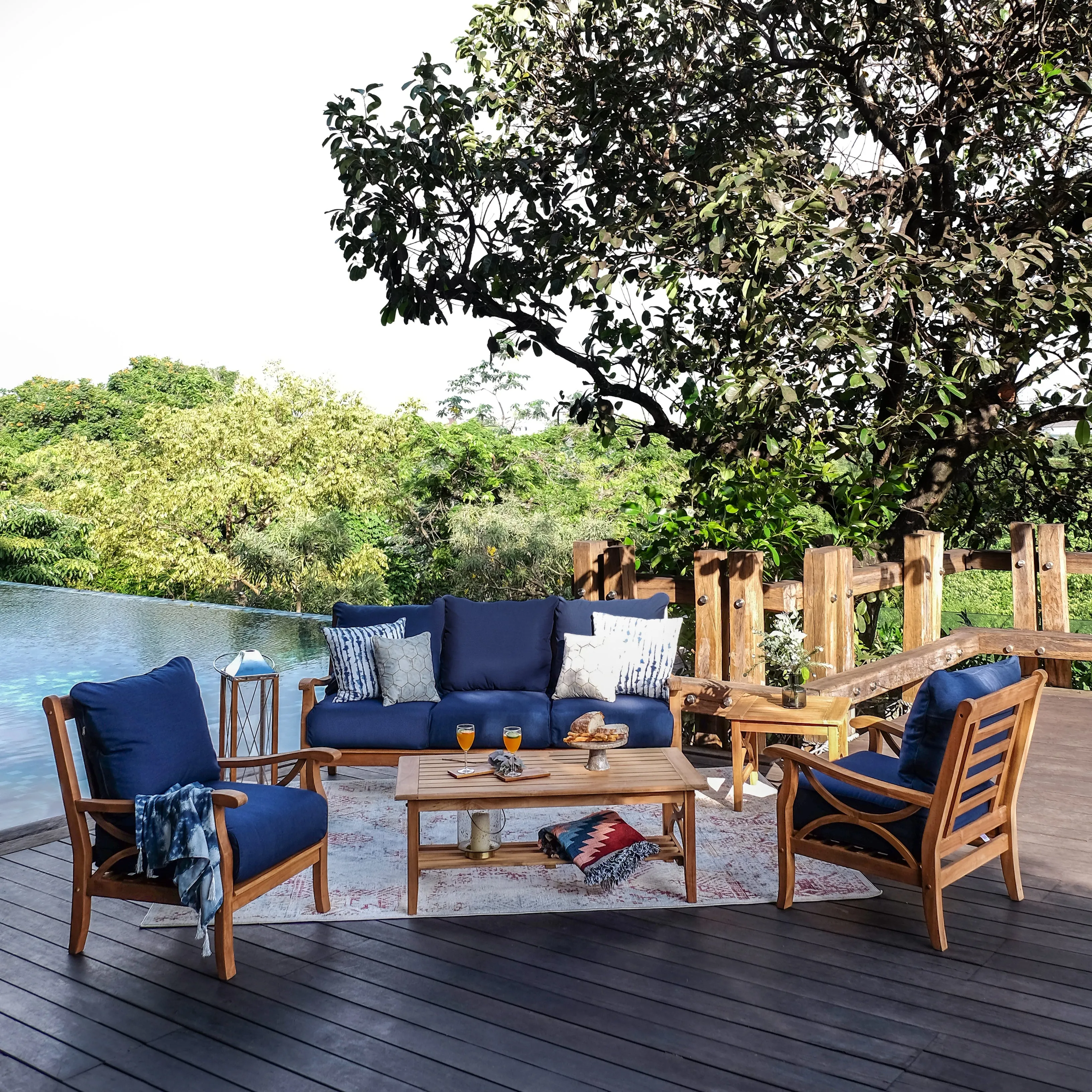 Abbington Teak Wood Outdoor Lounge Chair with Navy Cushion