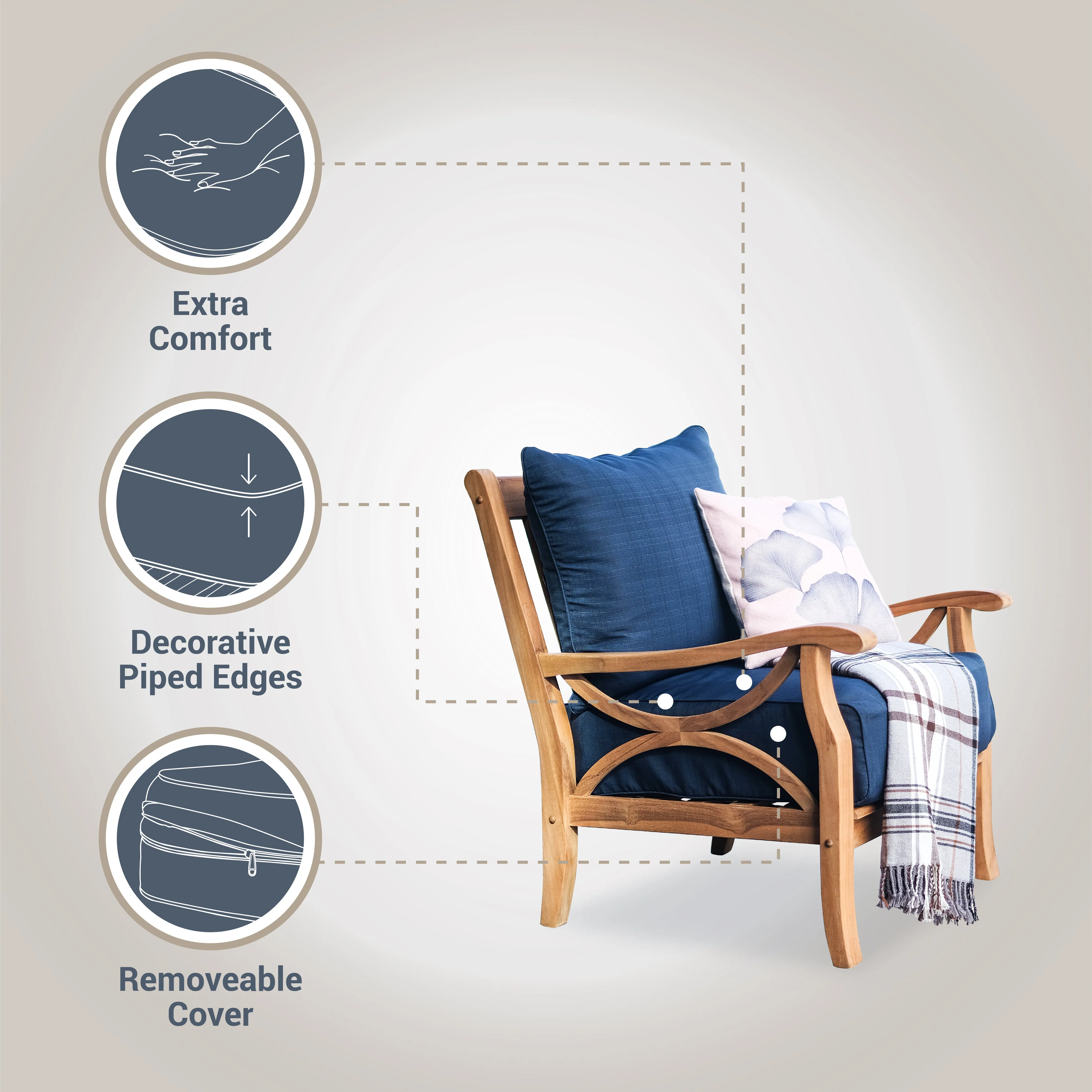 Abbington Teak Wood Outdoor Lounge Chair with Navy Cushion