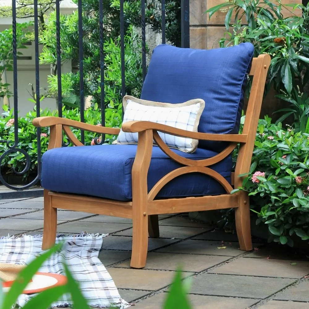 Abbington Teak Wood Outdoor Lounge Chair with Navy Cushion