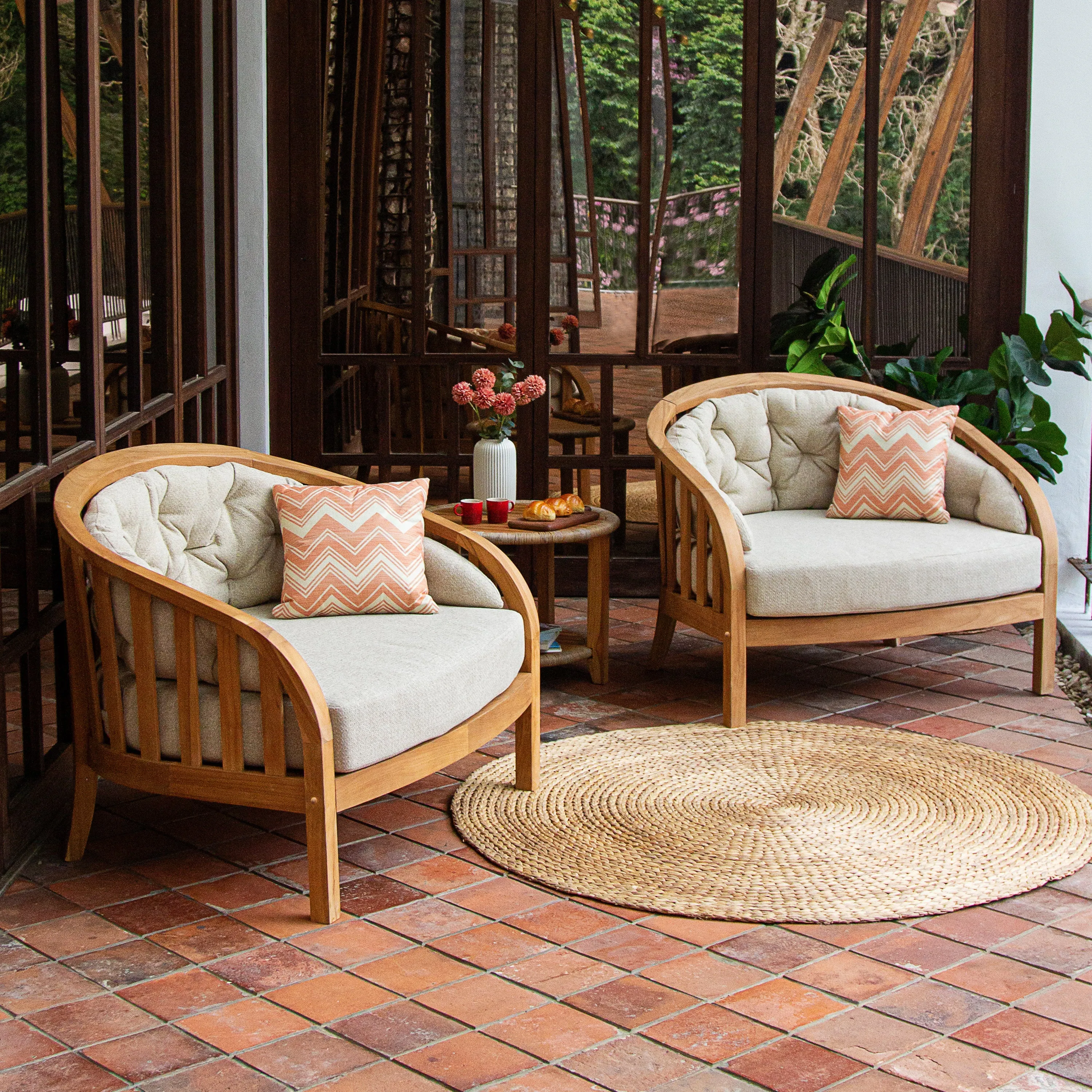 Bernese Teak Wood Outdoor Lounge Chair with Tan Cushion