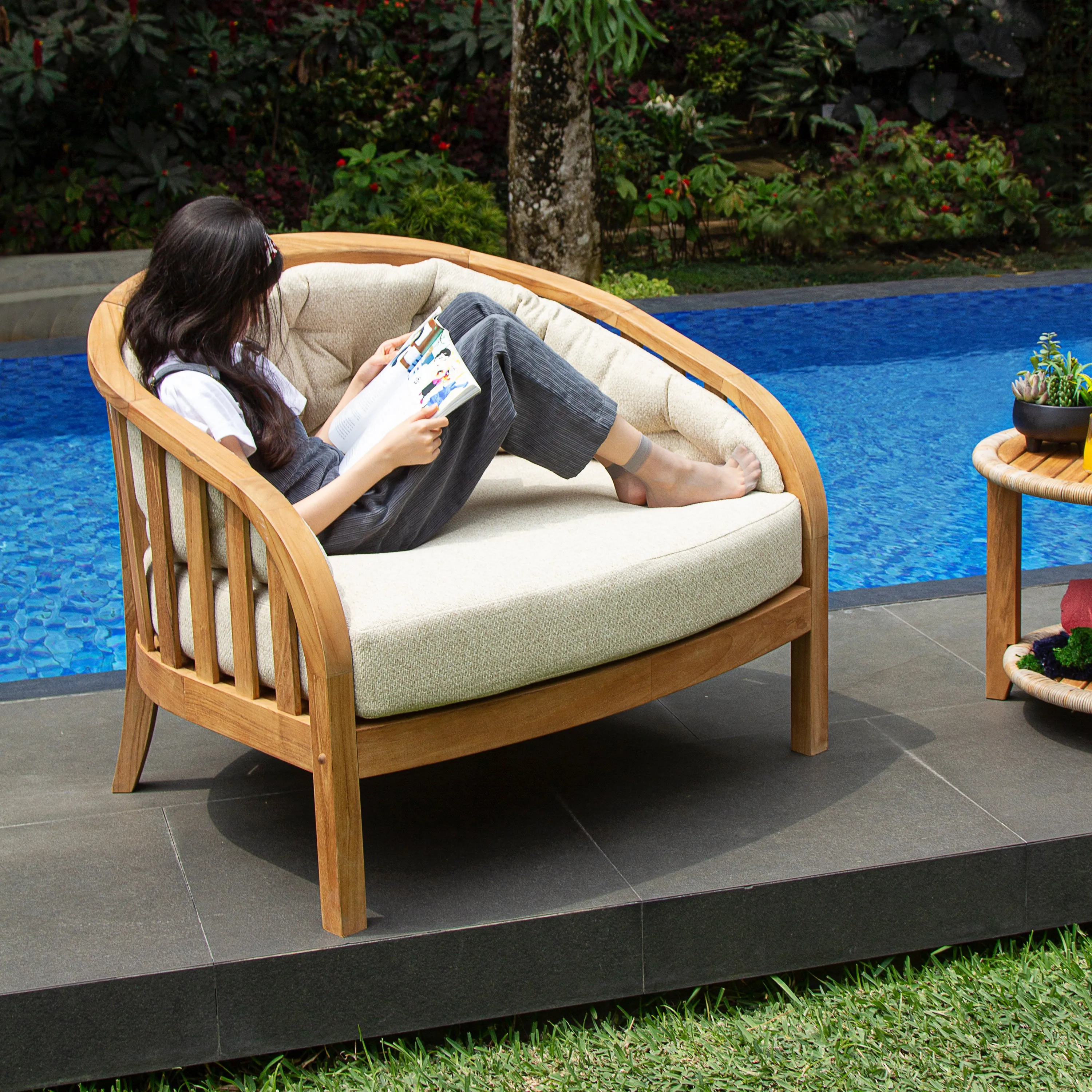 Bernese Teak Wood Outdoor Lounge Chair with Tan Cushion