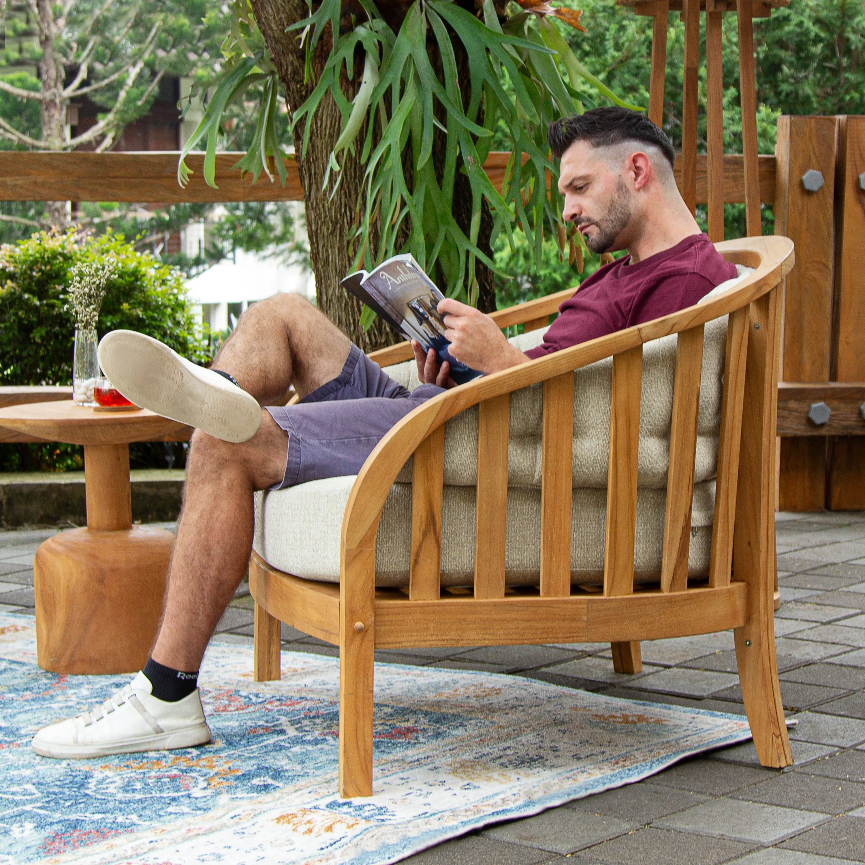 Bernese Teak Wood Outdoor Lounge Chair with Tan Cushion