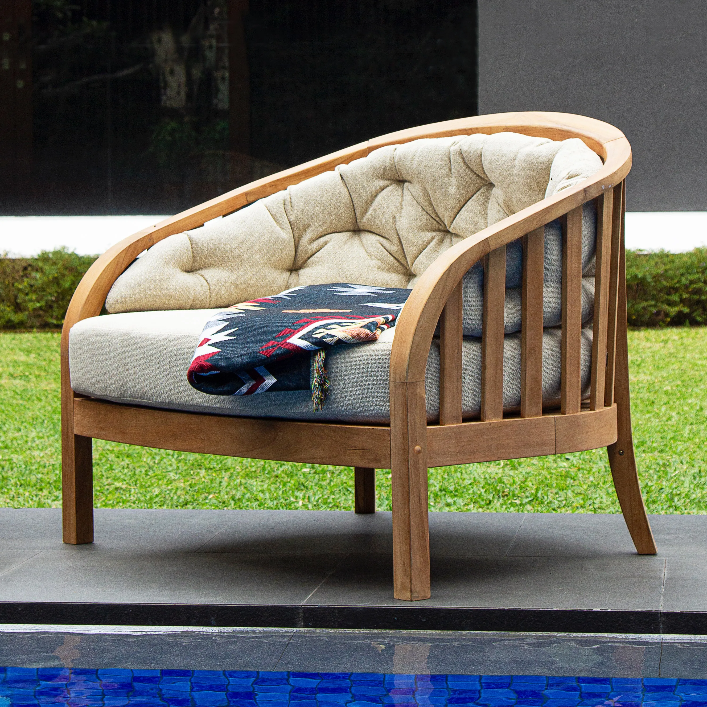 Bernese Teak Wood Outdoor Lounge Chair with Tan Cushion