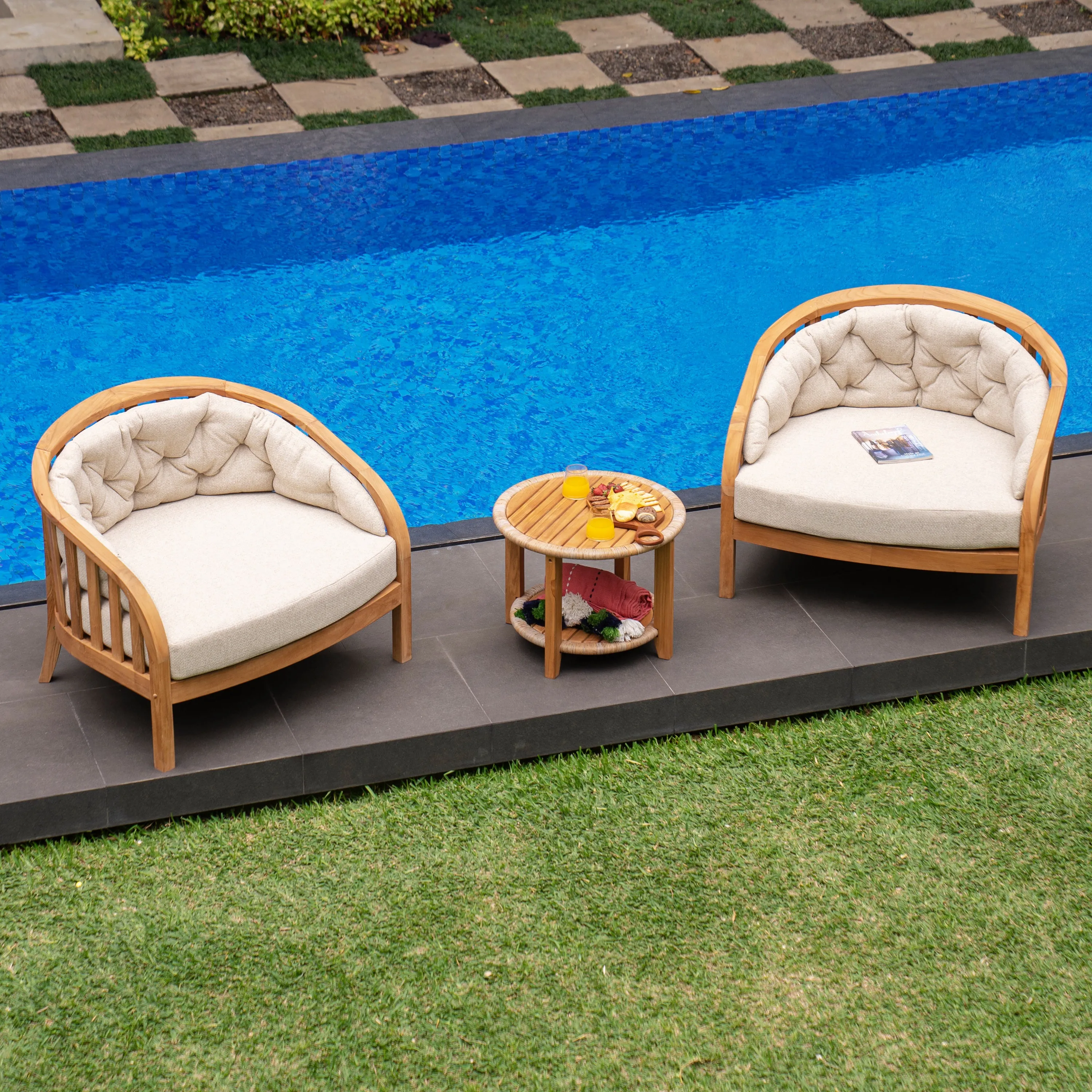 Bernese Teak Wood Outdoor Lounge Chair with Tan Cushion