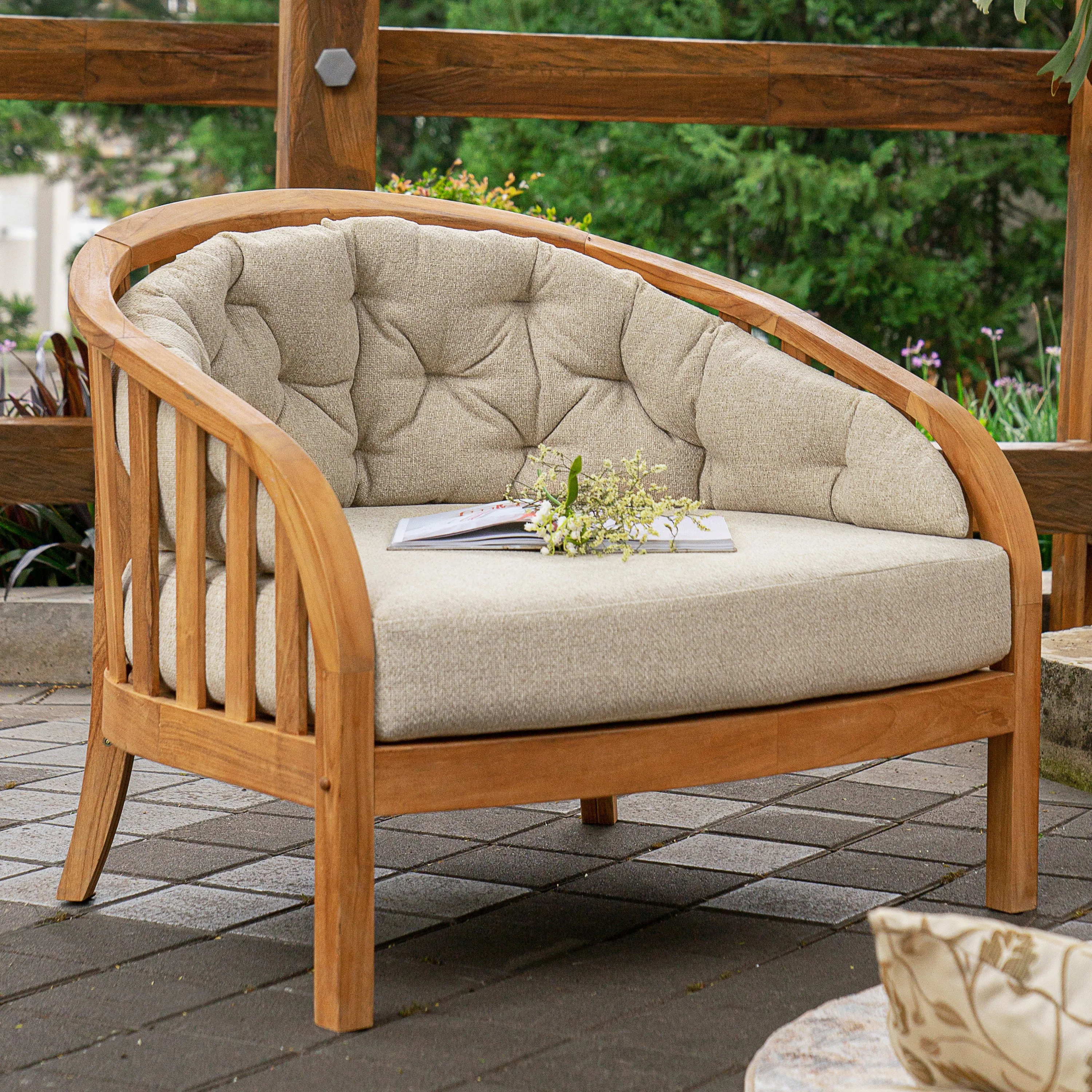 Bernese Teak Wood Outdoor Lounge Chair with Tan Cushion