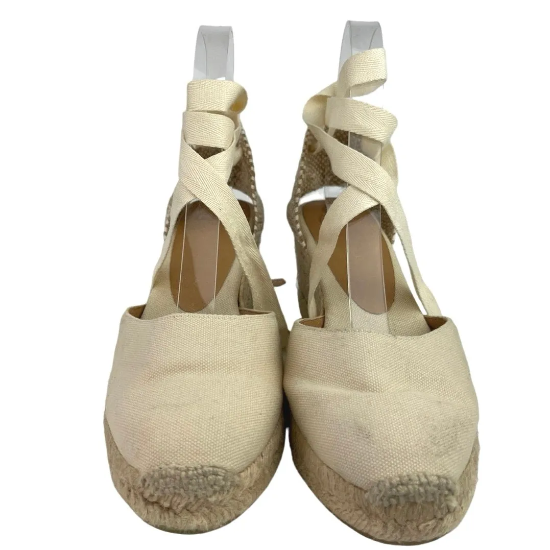 Castaner Carol Beige Canvas Closed Toe Espadrille Lace Up Wedge Sandals Size 38