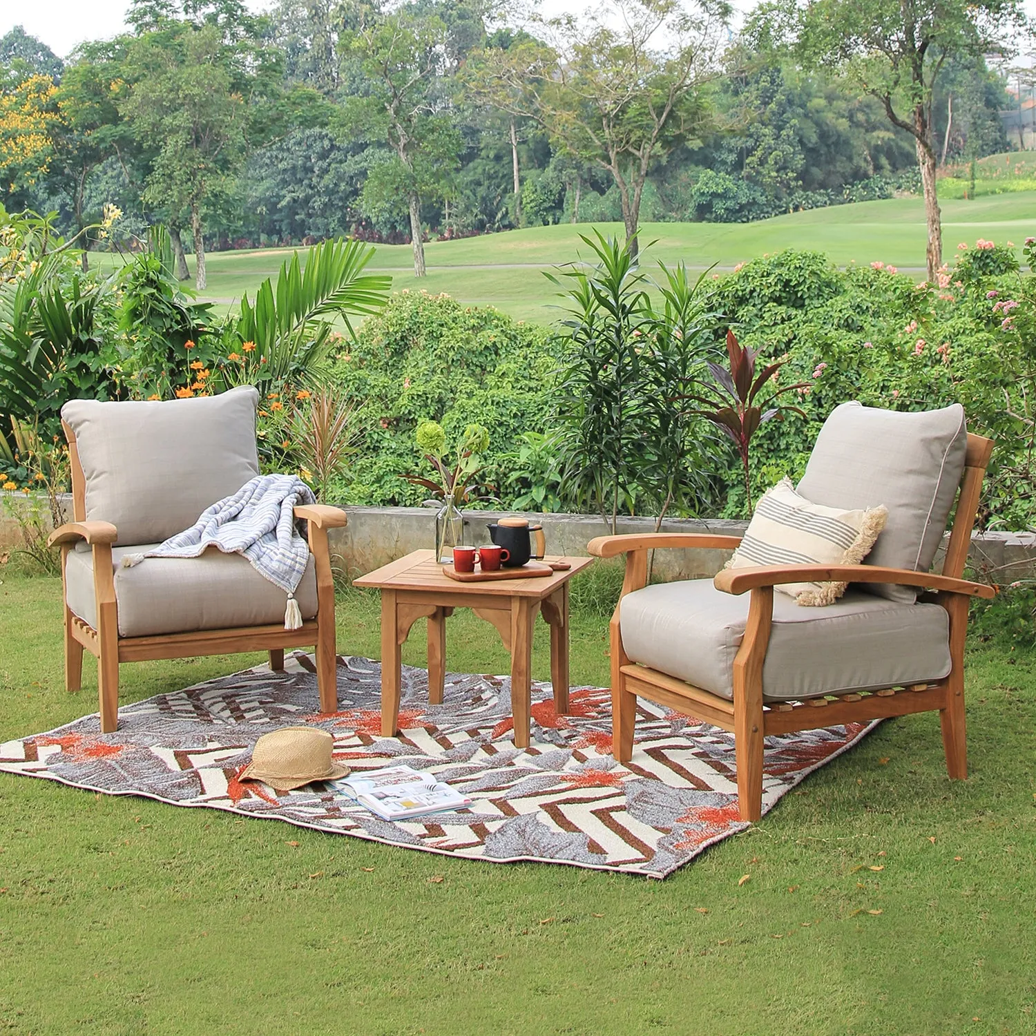 Caterina Teak Wood Outdoor Lounge Chair with Beige Cushion