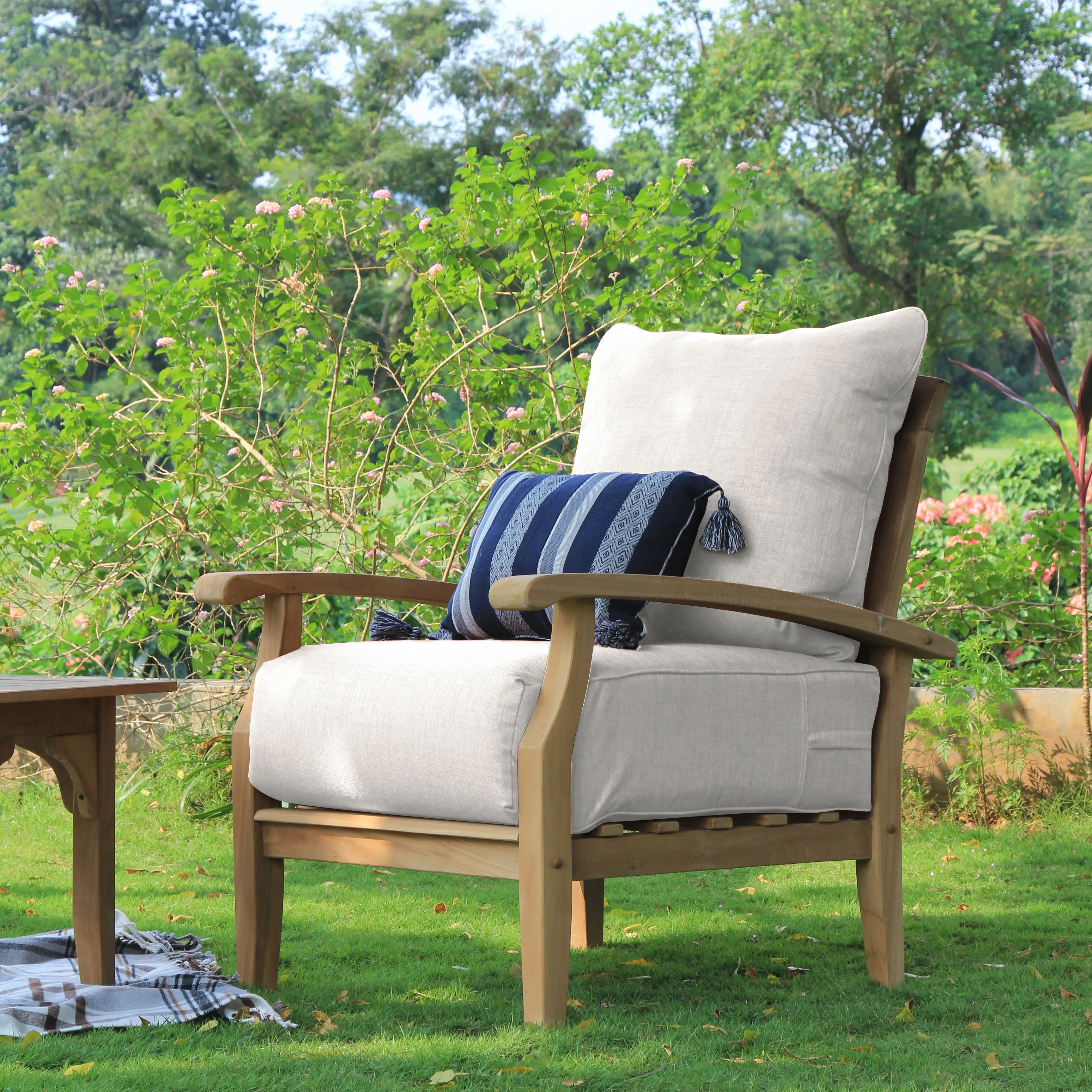 Caterina Teak Wood Outdoor Lounge Chair with Beige Cushion