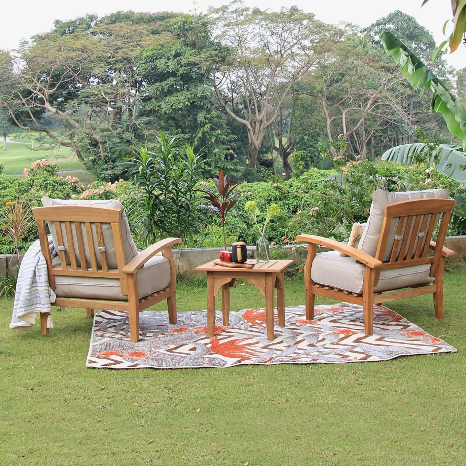 Caterina Teak Wood Outdoor Lounge Chair with Beige Cushion