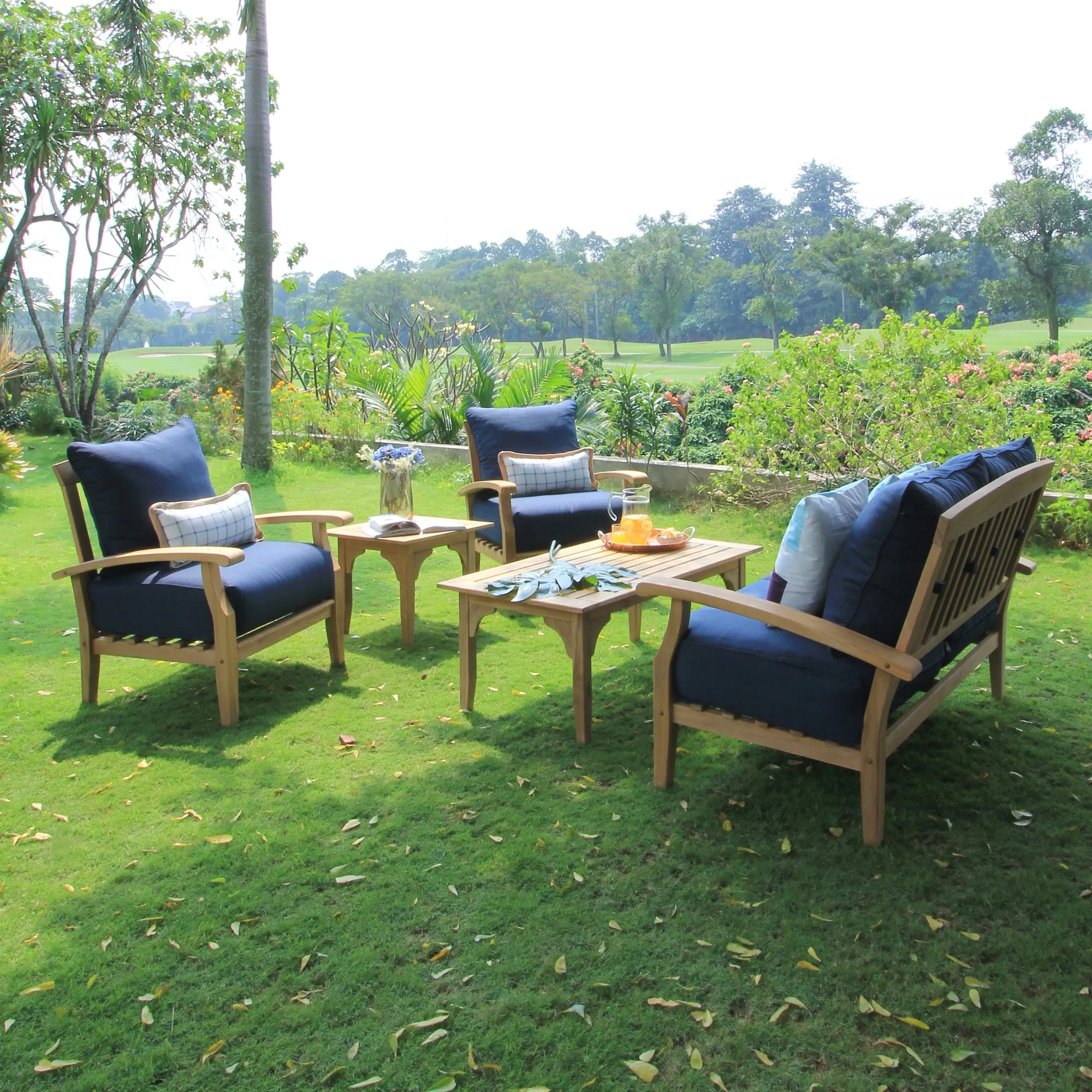 Caterina Teak Wood Outdoor Lounge Chair with Navy Cushion