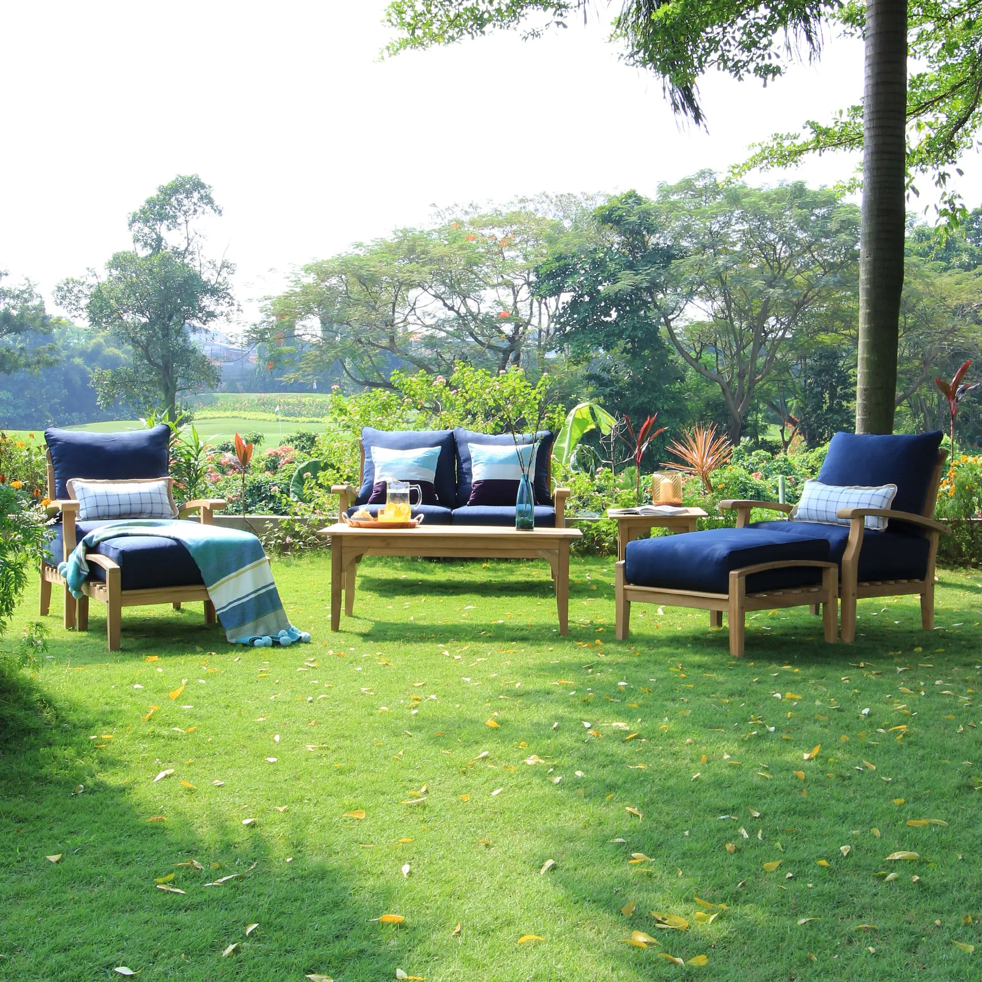 Caterina Teak Wood Outdoor Lounge Chair with Navy Cushion