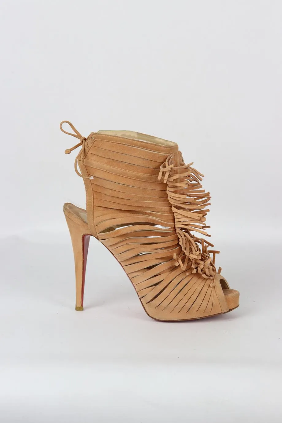 CHRISTIAN LOUBOUTIN FRINGED CUTOUT SUEDE SANDALS EU 38 UK 5 US 8