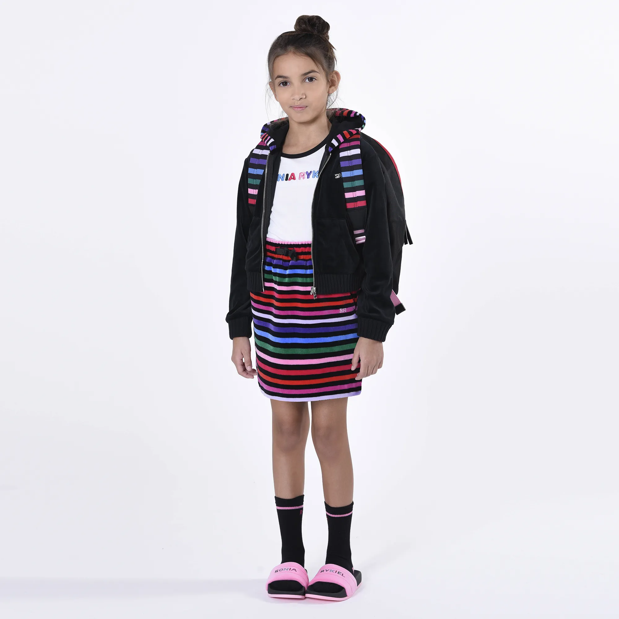 Girls Black Striped Velour Skirt