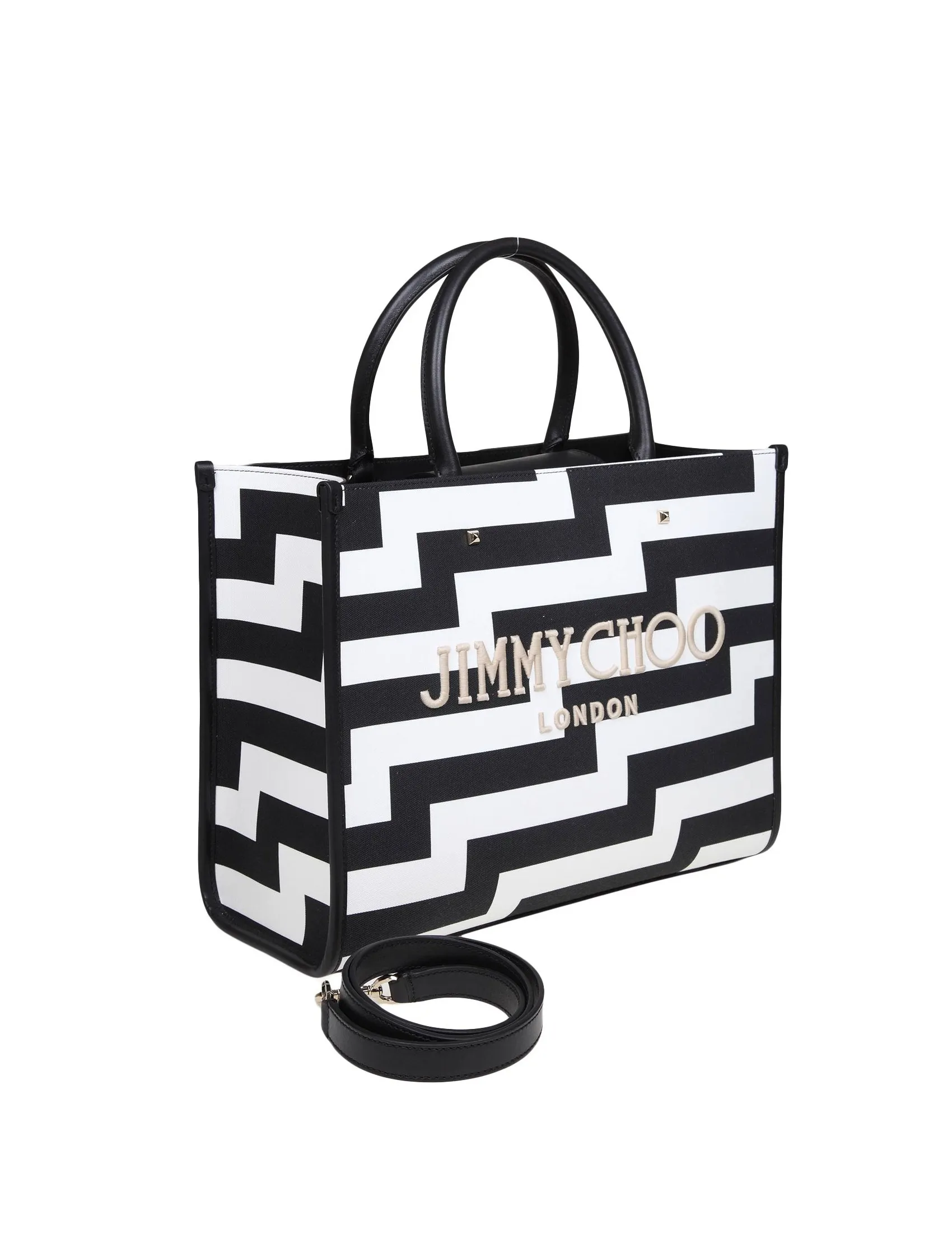 JIMMY CHOO AVENUE M BLACK AND WHITE CANVAS AND LEATHER TOTE