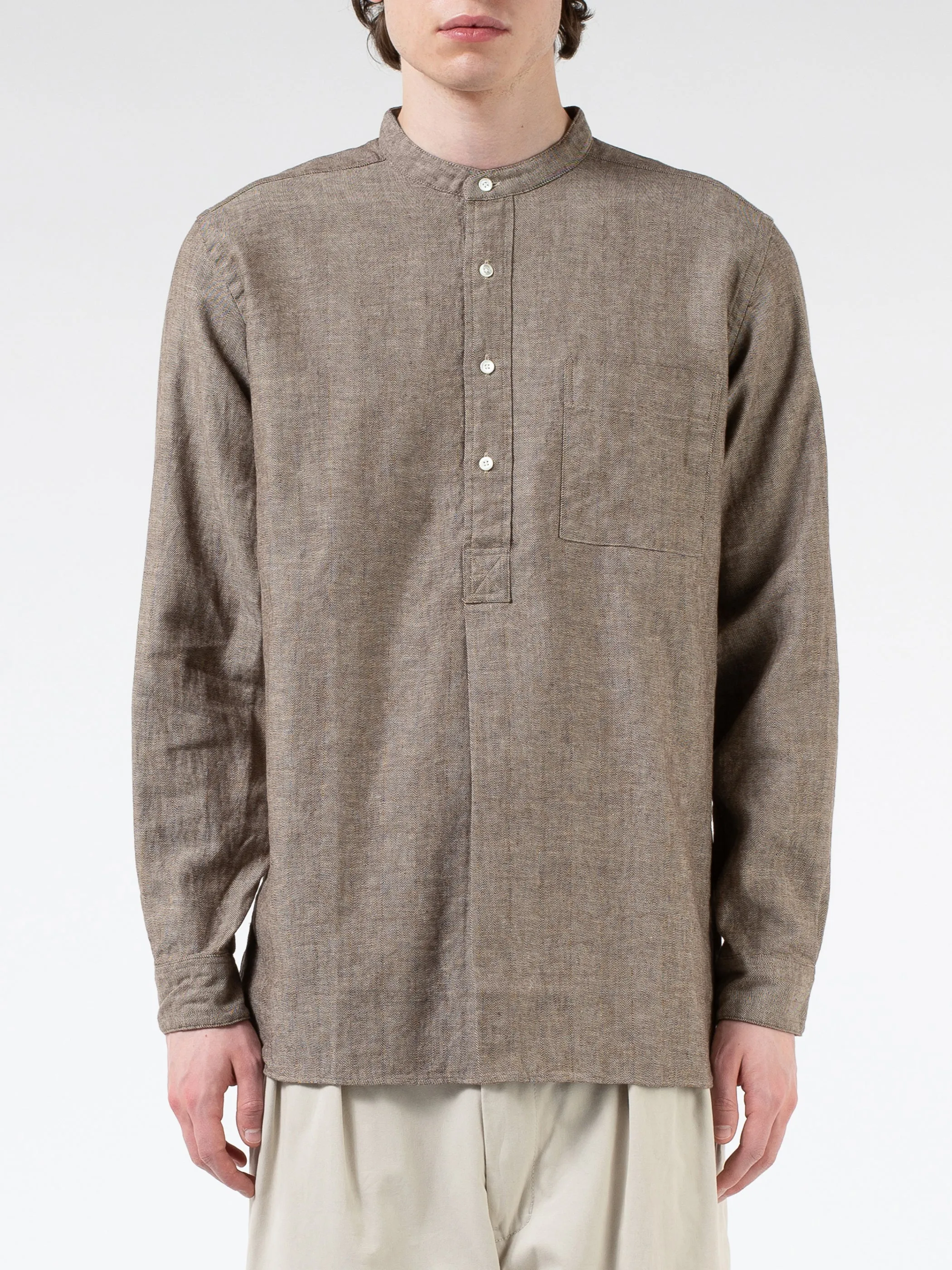 Linen Cotton Herringbone Band Collar Pullover Shirt