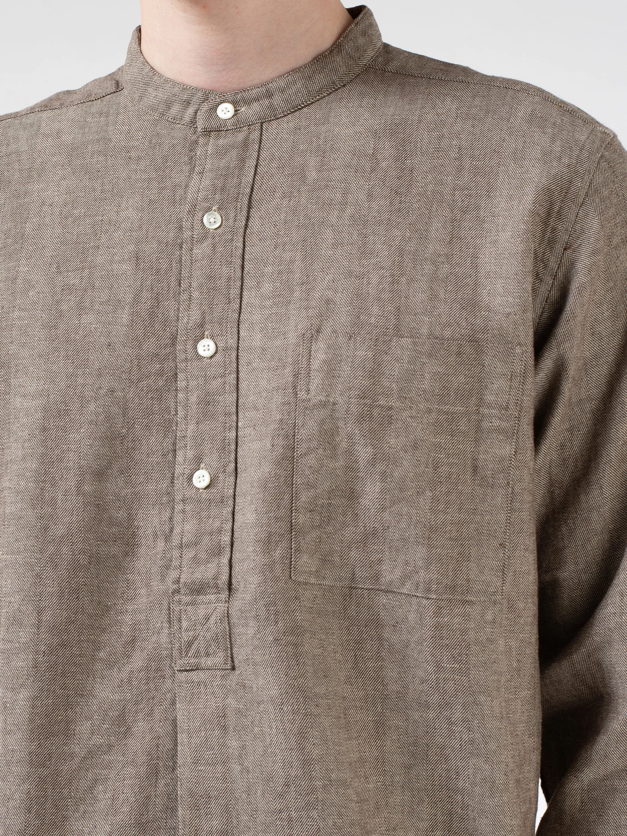 Linen Cotton Herringbone Band Collar Pullover Shirt