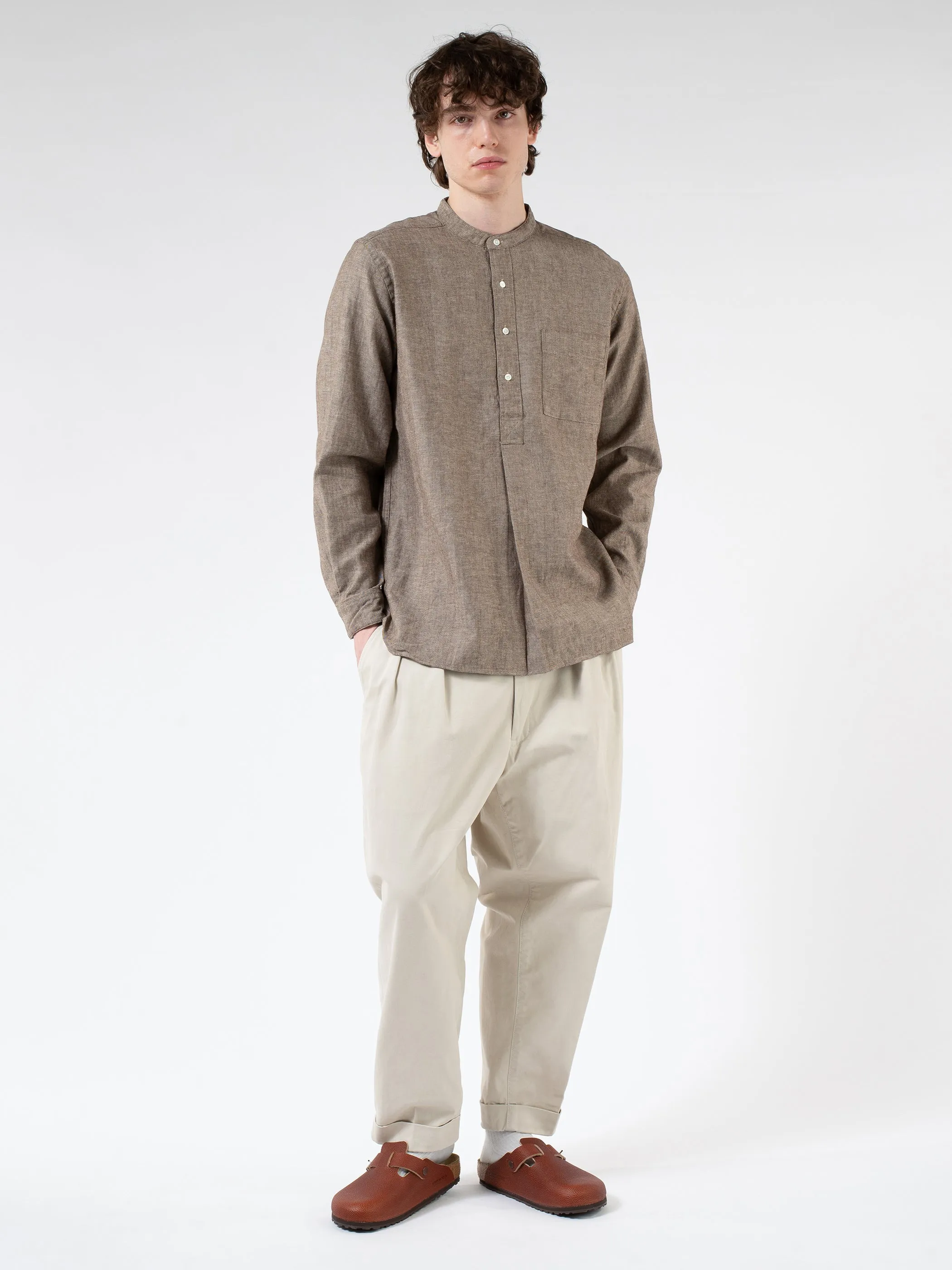 Linen Cotton Herringbone Band Collar Pullover Shirt