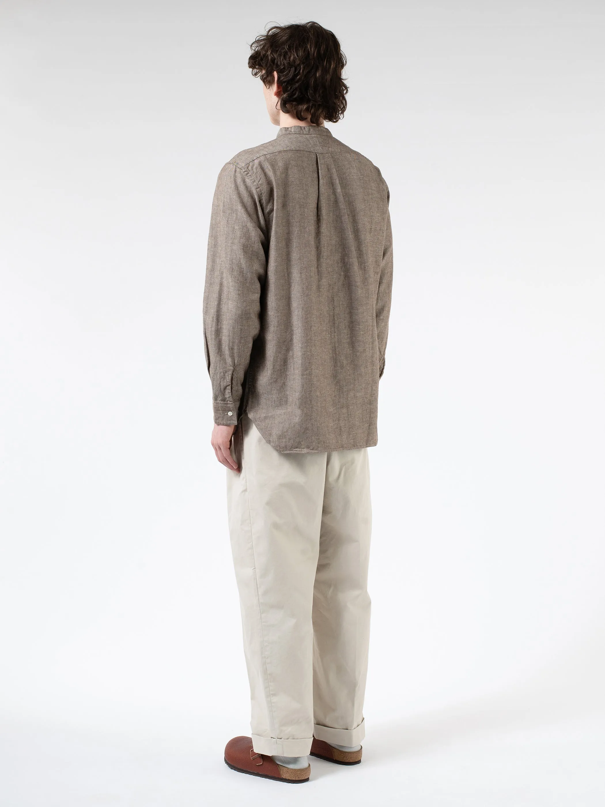 Linen Cotton Herringbone Band Collar Pullover Shirt