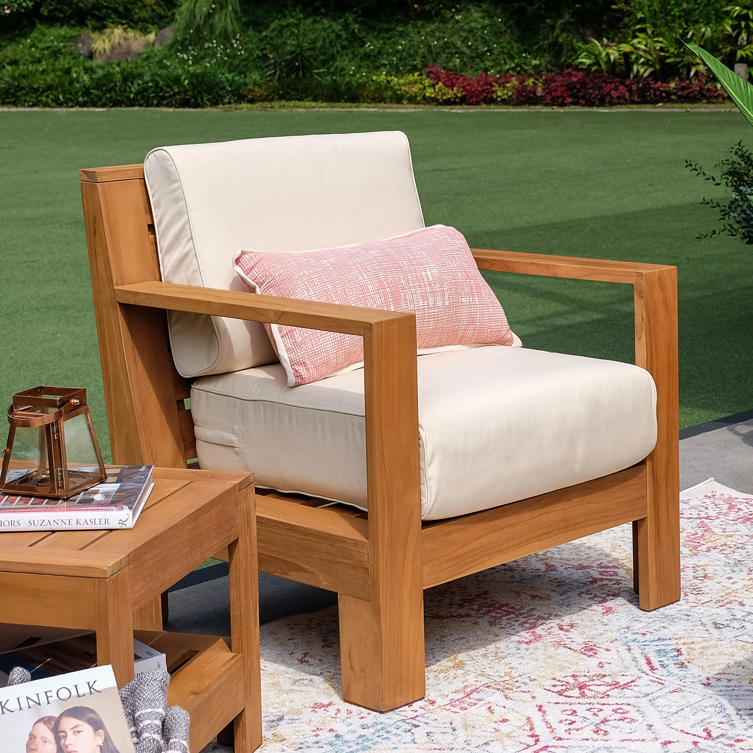 Logan Teak Outdoor Lounge Chair with Sunbrella Vellum Cushion