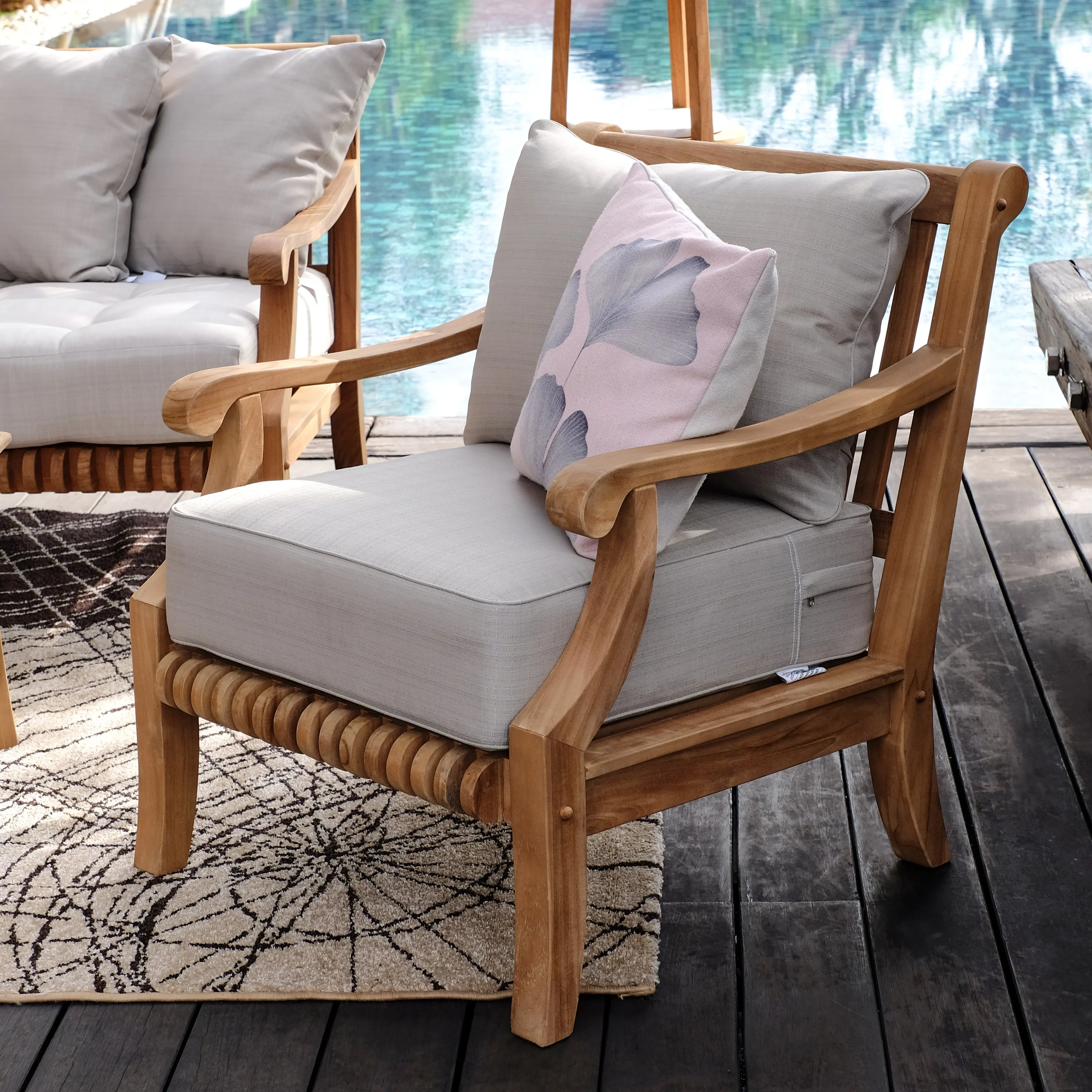 Mosko Teak Wood Outdoor Lounge Chair with Beige Cushion