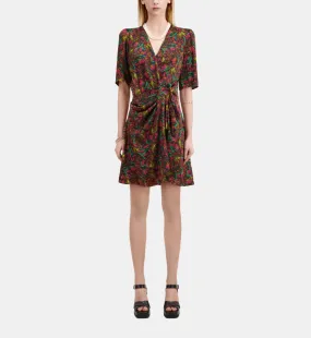 Multicolor feather print short sleeve short dress with draping