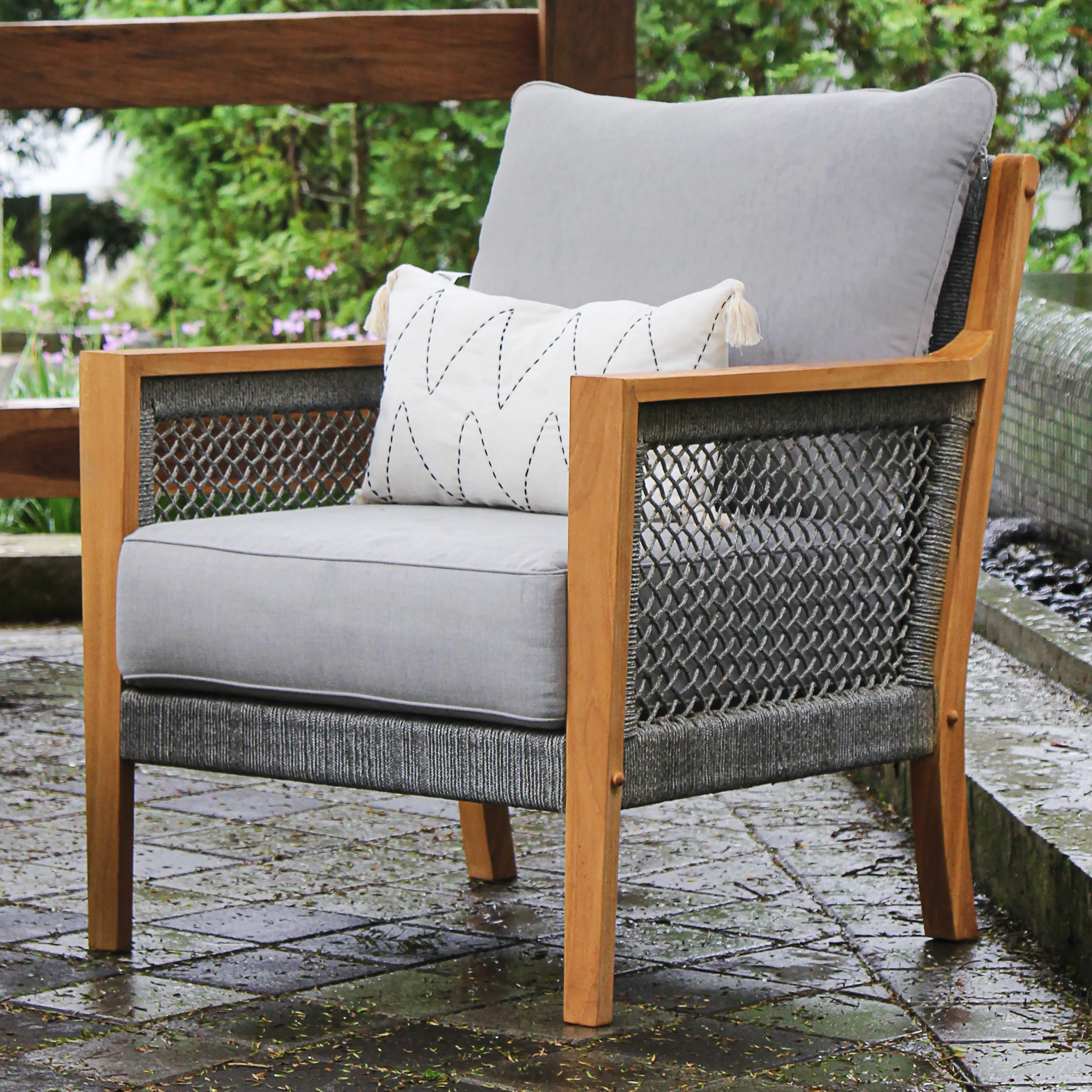 Nassau Teak Wood Patio Lounge Chair with Gray Cushion