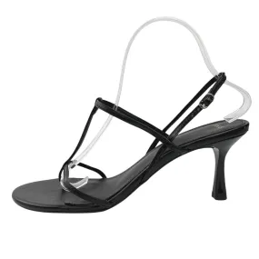 NEW MANGO Black Leather Strappy T-Strap Stiletto Heel Slingback Sandals Size 8.5