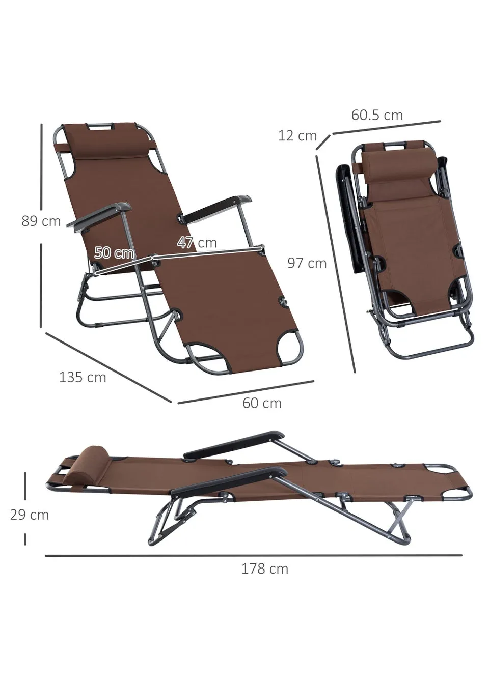 Outsunny 2 in 1 Sun Lounger Folding Reclining Chair Garden Adjustable Back with Pillow