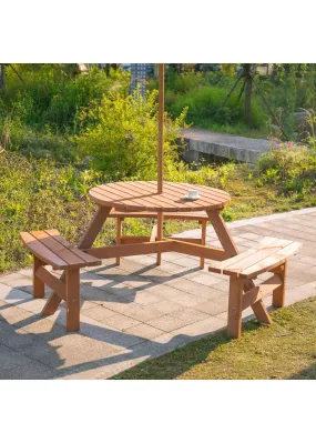 Outsunny 6 Seater Wooden Picnic Table and Bench Set Round Patio Dining Set with 3 Benches and Umbrella Hole