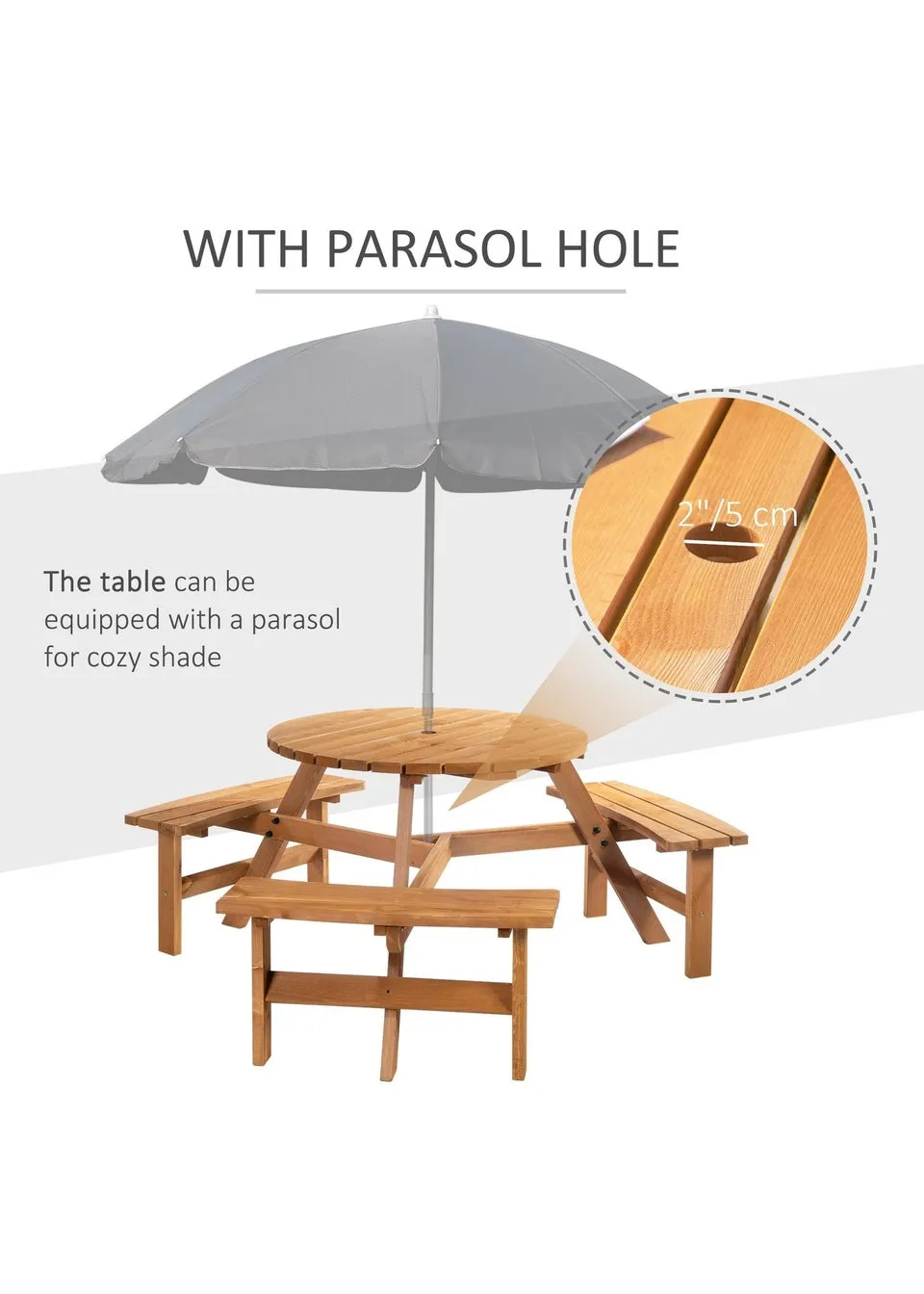 Outsunny 6 Seater Wooden Picnic Table and Bench Set Round Patio Dining Set with 3 Benches and Umbrella Hole