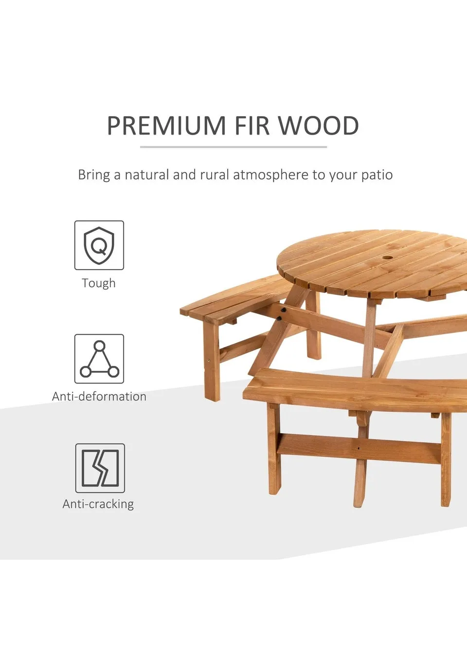 Outsunny 6 Seater Wooden Picnic Table and Bench Set Round Patio Dining Set with 3 Benches and Umbrella Hole