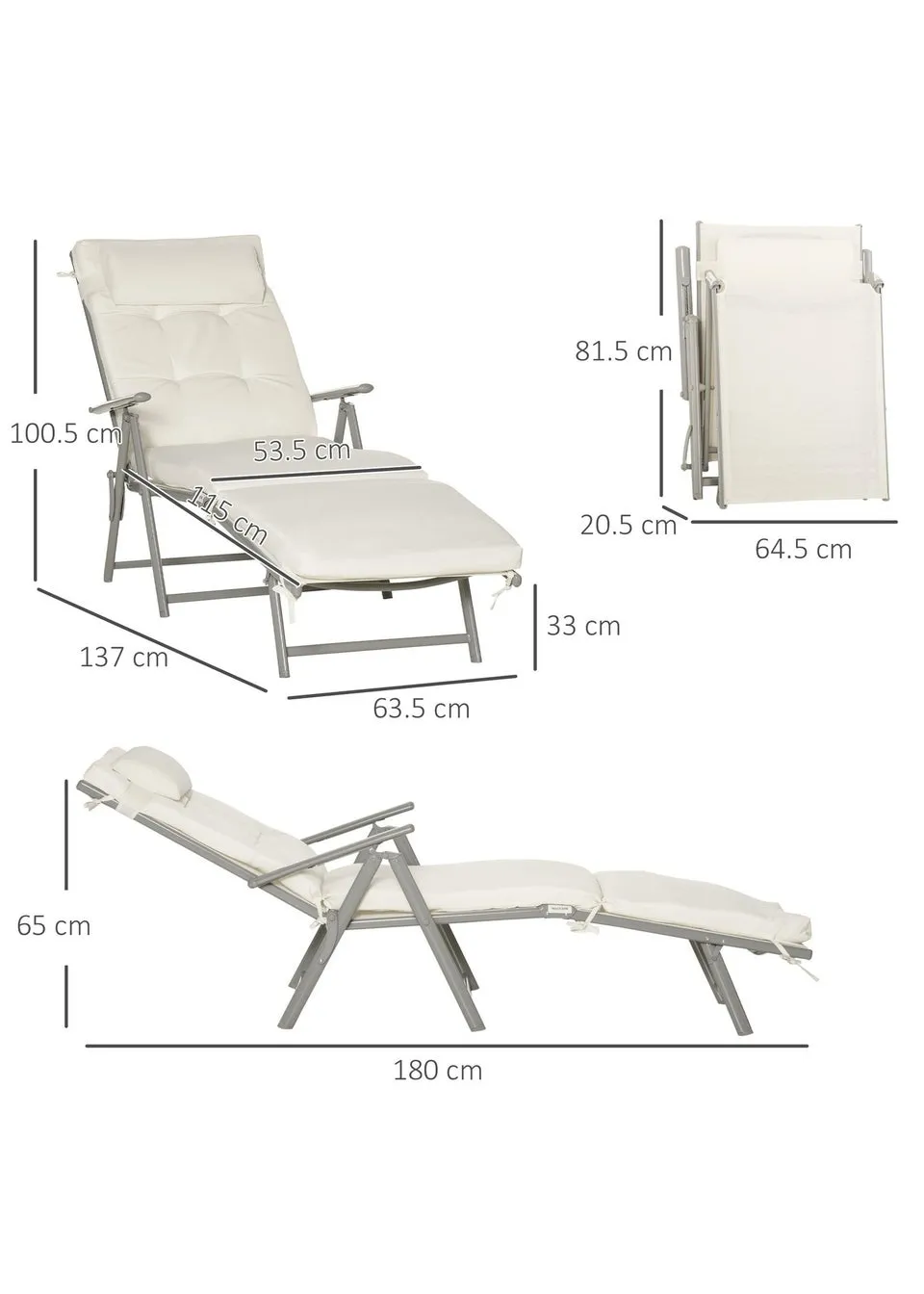 Outsunny Outdoor Patio Sun Lounger Garden Texteline Foldable Reclining Chair with Cushion - Cream White