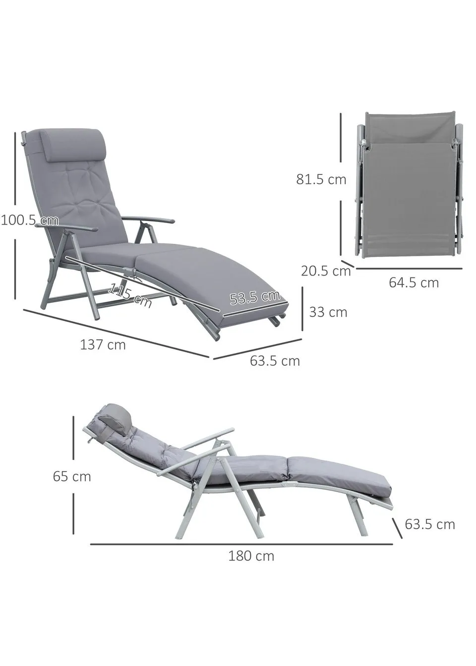 Outsunny Outdoor Patio Sun Lounger Garden Texteline Foldable Reclining Chair with Cushion - Grey