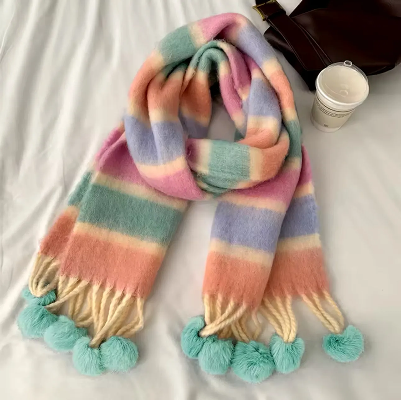 Pastel Hued Pom Pom Wool Blend Scarf