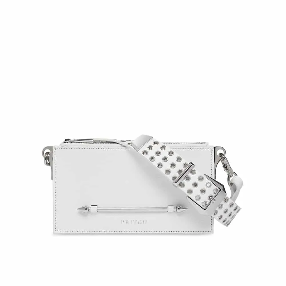 --Pierced cross body white bag-