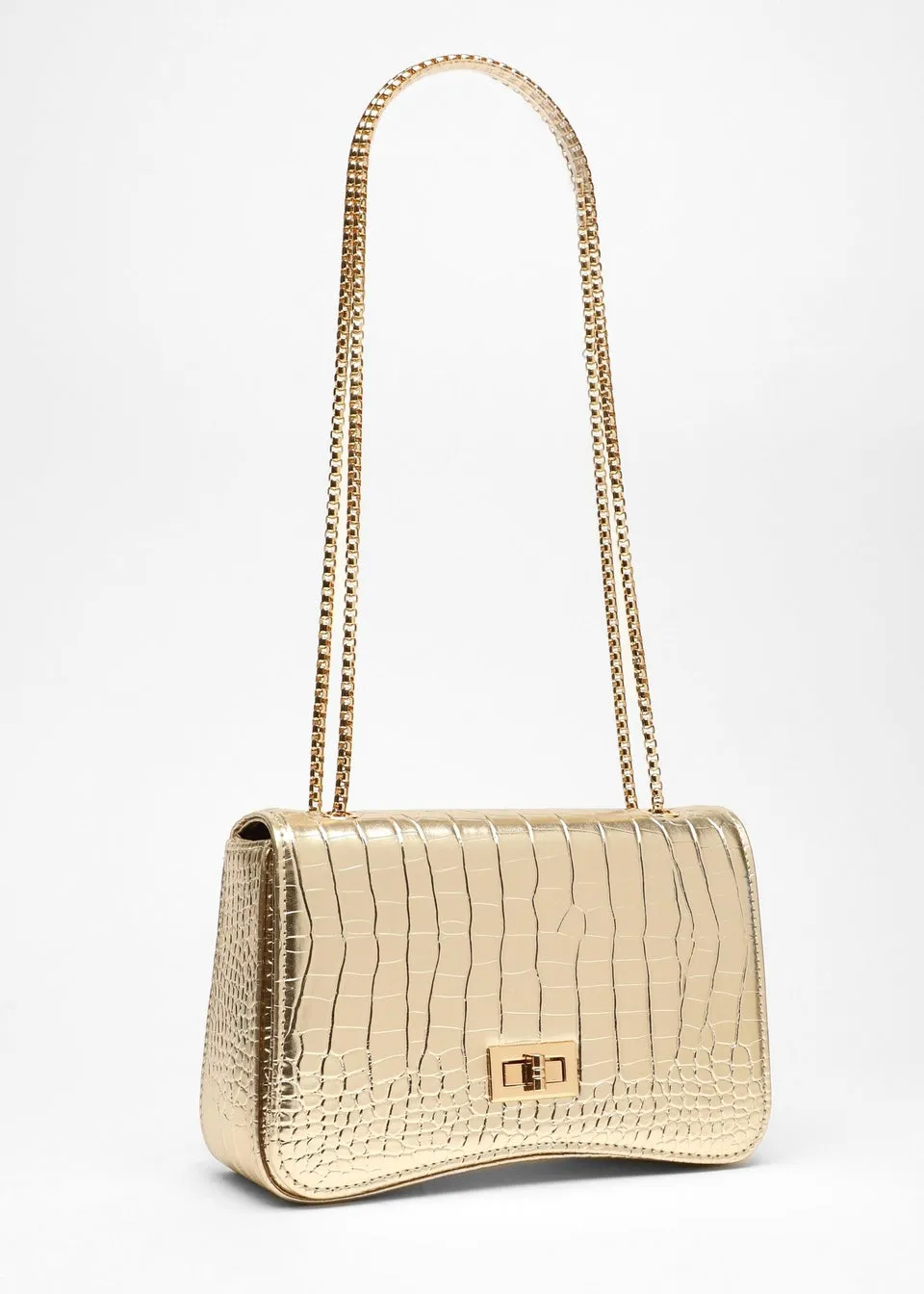 Quiz Gold Crocodile Print Cross Body Bag