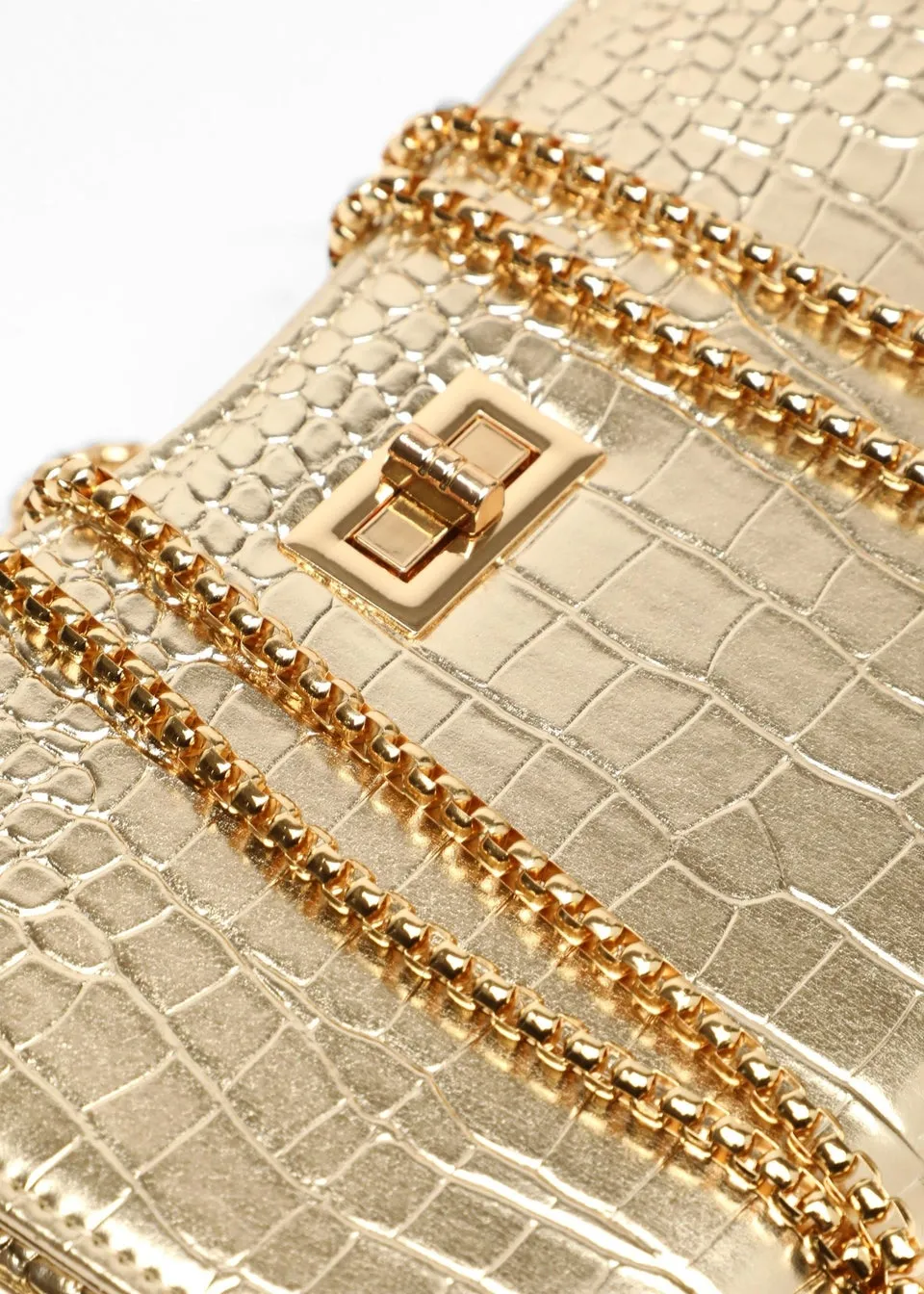 Quiz Gold Crocodile Print Cross Body Bag