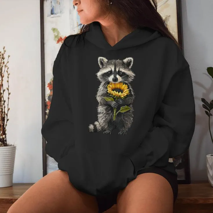 Raccoon Holding Sunflower Cute Flower Women Hoodie