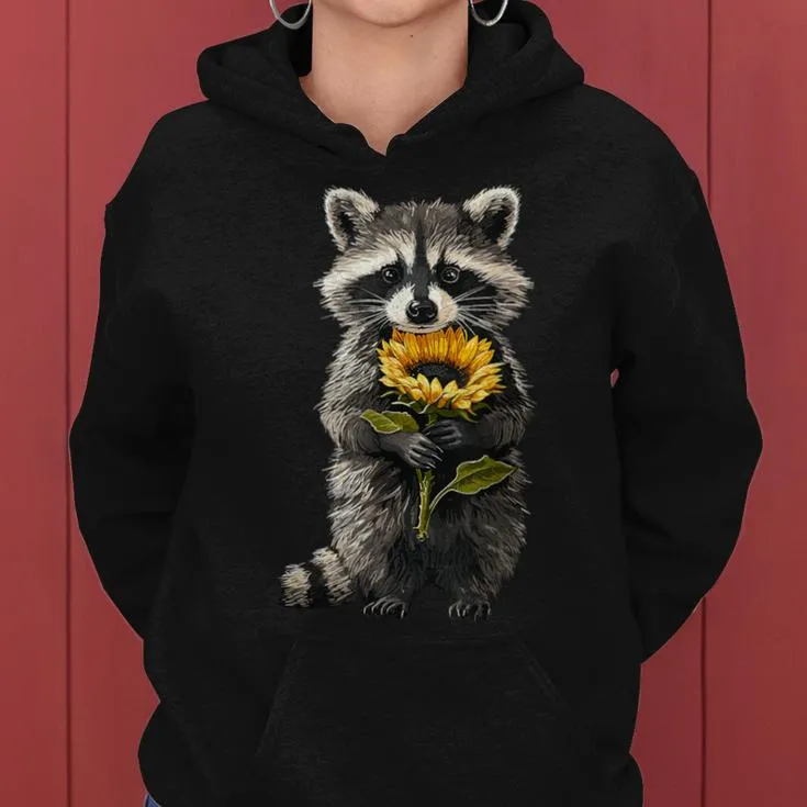 Raccoon Holding Sunflower Cute Flower Women Hoodie