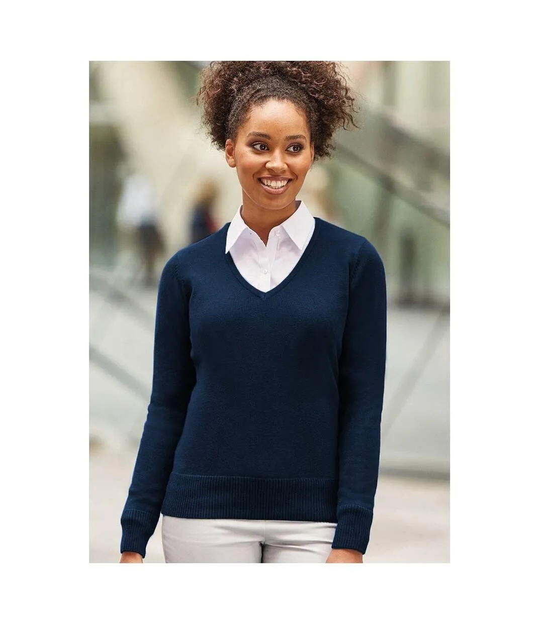 Russell Collection Ladies/Womens V-Neck Knitted Pullover Sweatshirt (French Navy) - UTBC1011