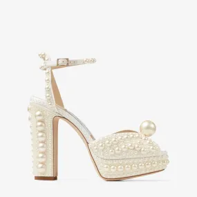 Sacaria Platform 120 White Satin Platform Sandals with All-Over Pearl Embellishment