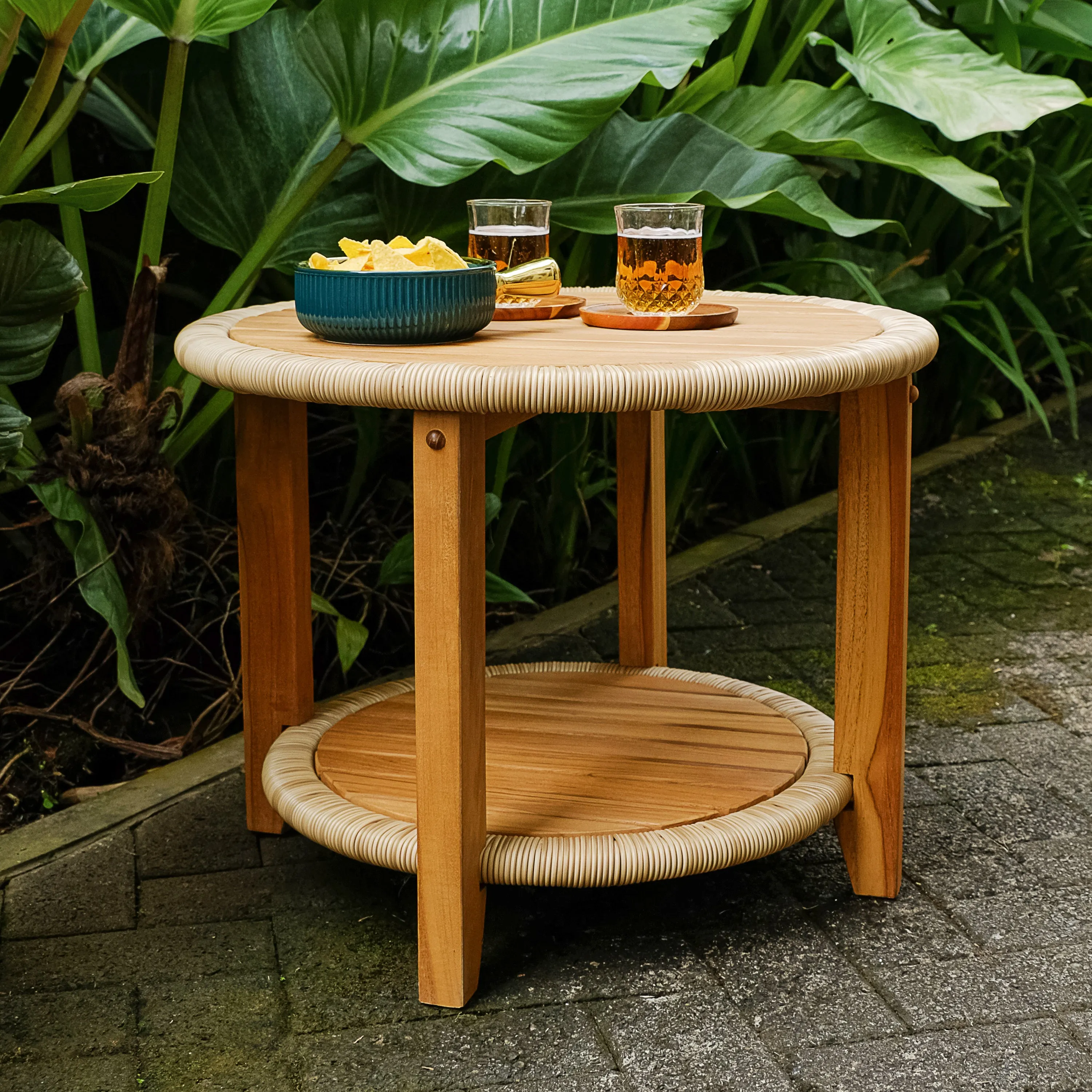 Seaside Teak Wood Outdoor Side Table with Shelf