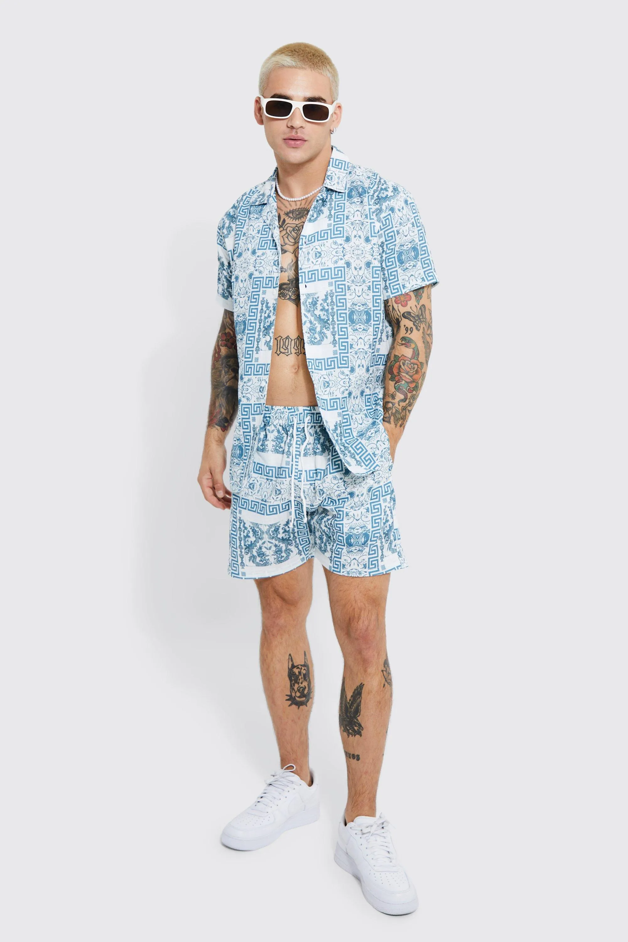 Short Sleeve Slub Geo Border Shirt And Short | boohooMAN UK