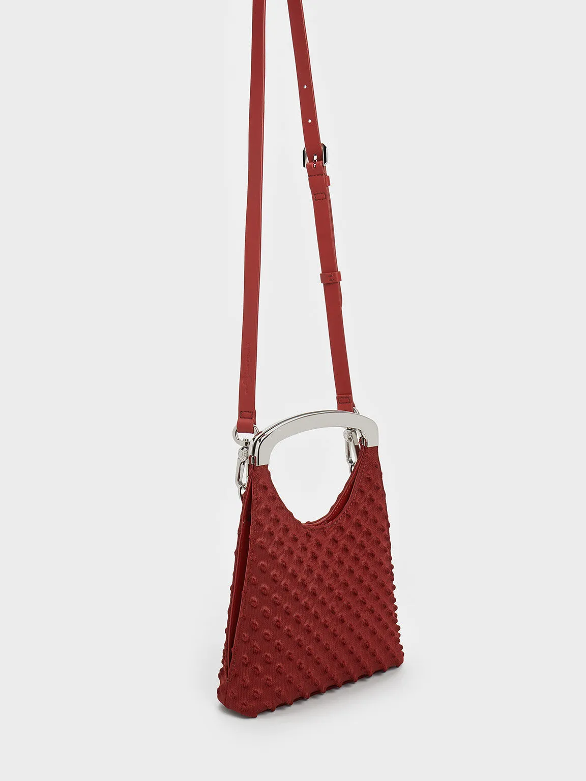 Spike Textured Metallic-Handle Bag - Red