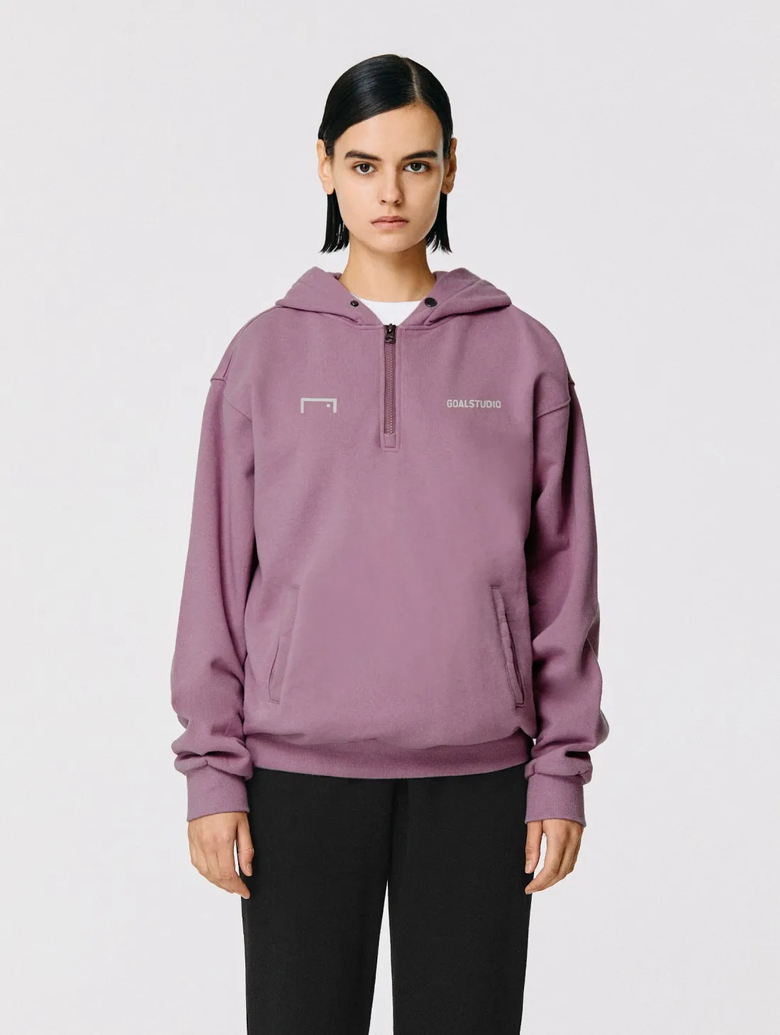 STONE WASHED HALF ZIP-UP HOODIE-PURPLE