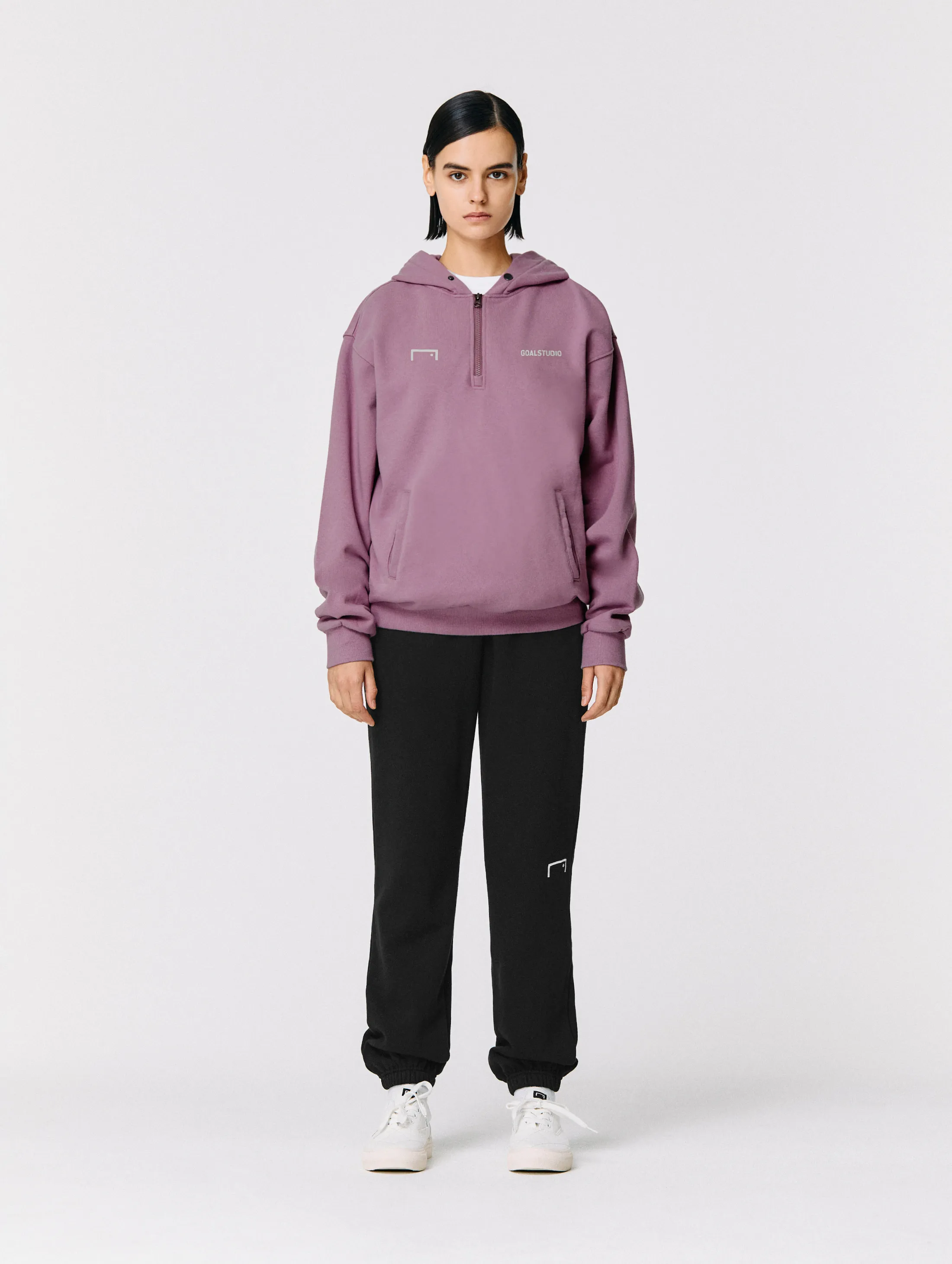 STONE WASHED HALF ZIP-UP HOODIE-PURPLE