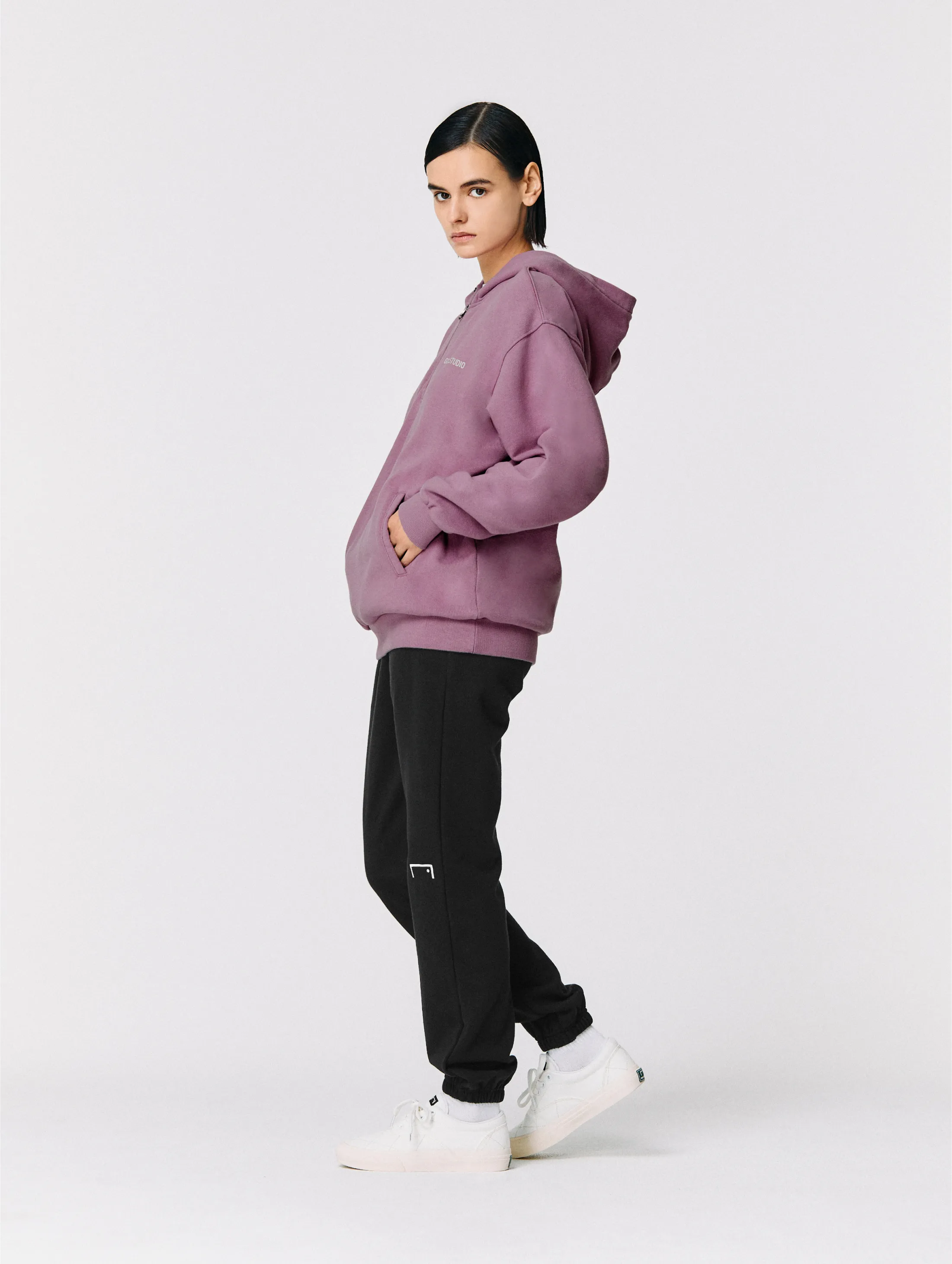 STONE WASHED HALF ZIP-UP HOODIE-PURPLE