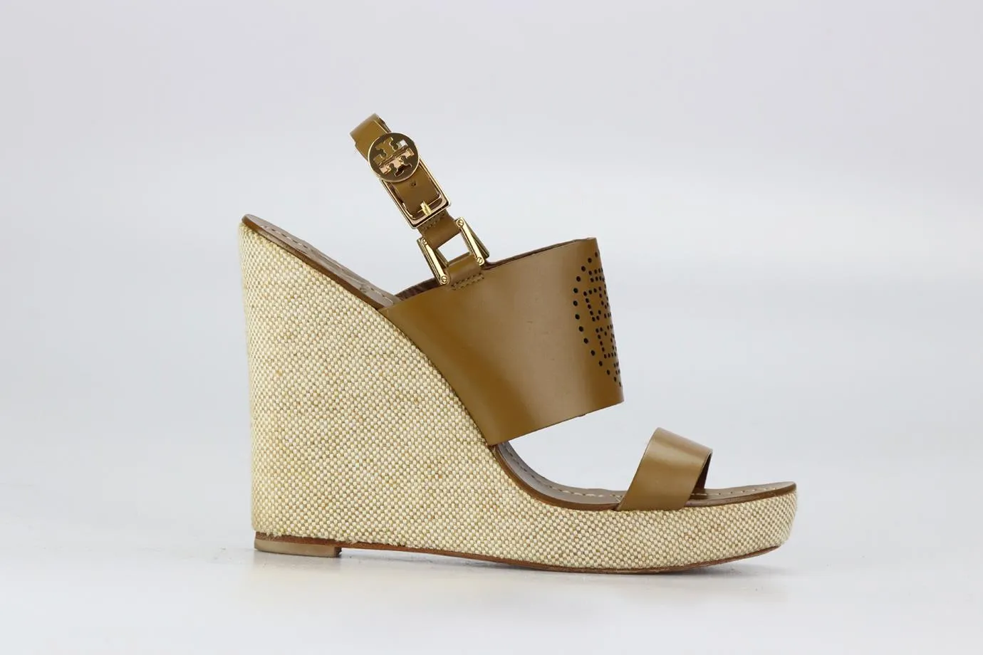 TORY BURCH LEATHER AND CANVAS WEDGE SANDALS EU 39.5 UK 6.5 US 9.5