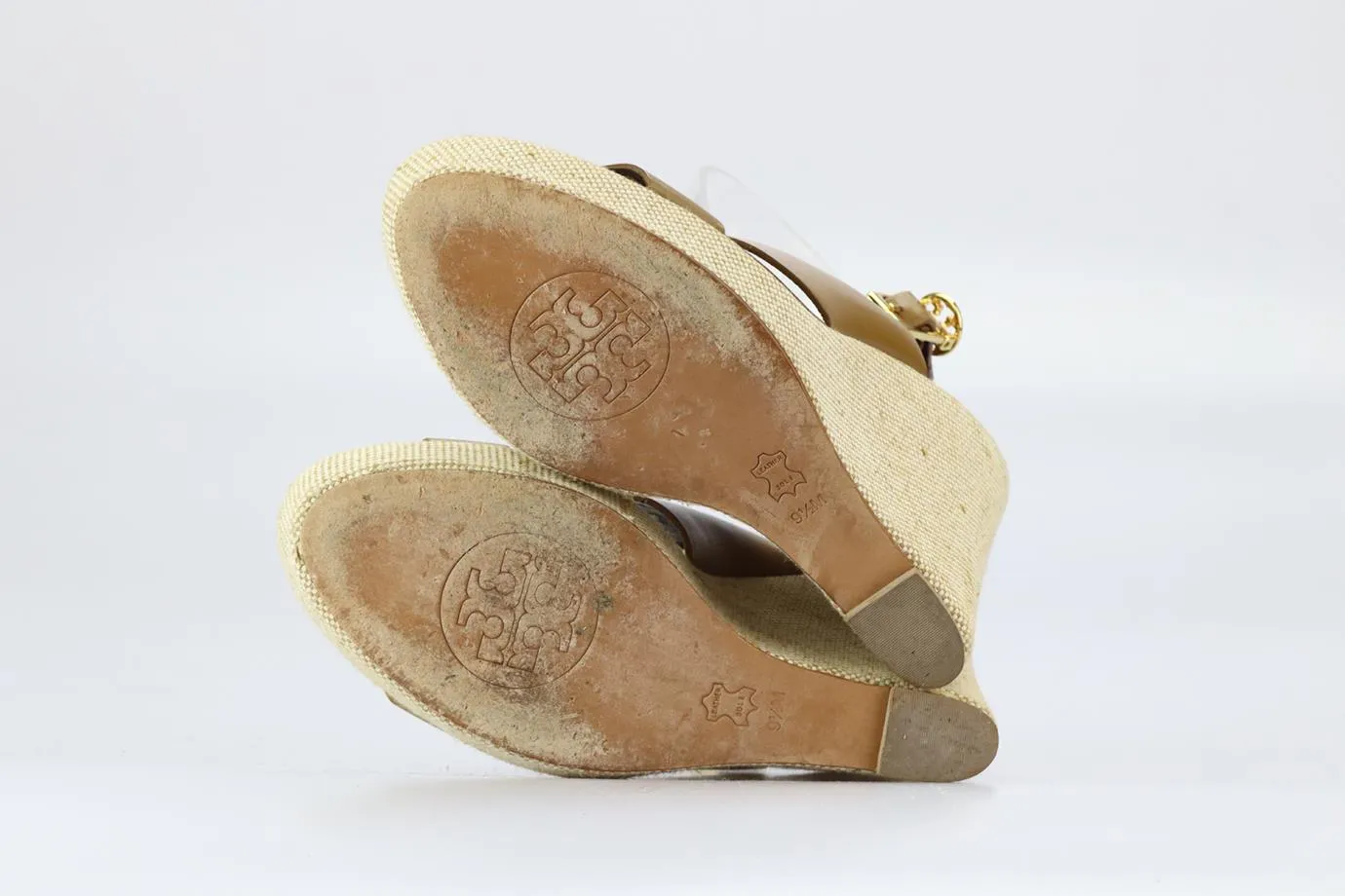 TORY BURCH LEATHER AND CANVAS WEDGE SANDALS EU 39.5 UK 6.5 US 9.5